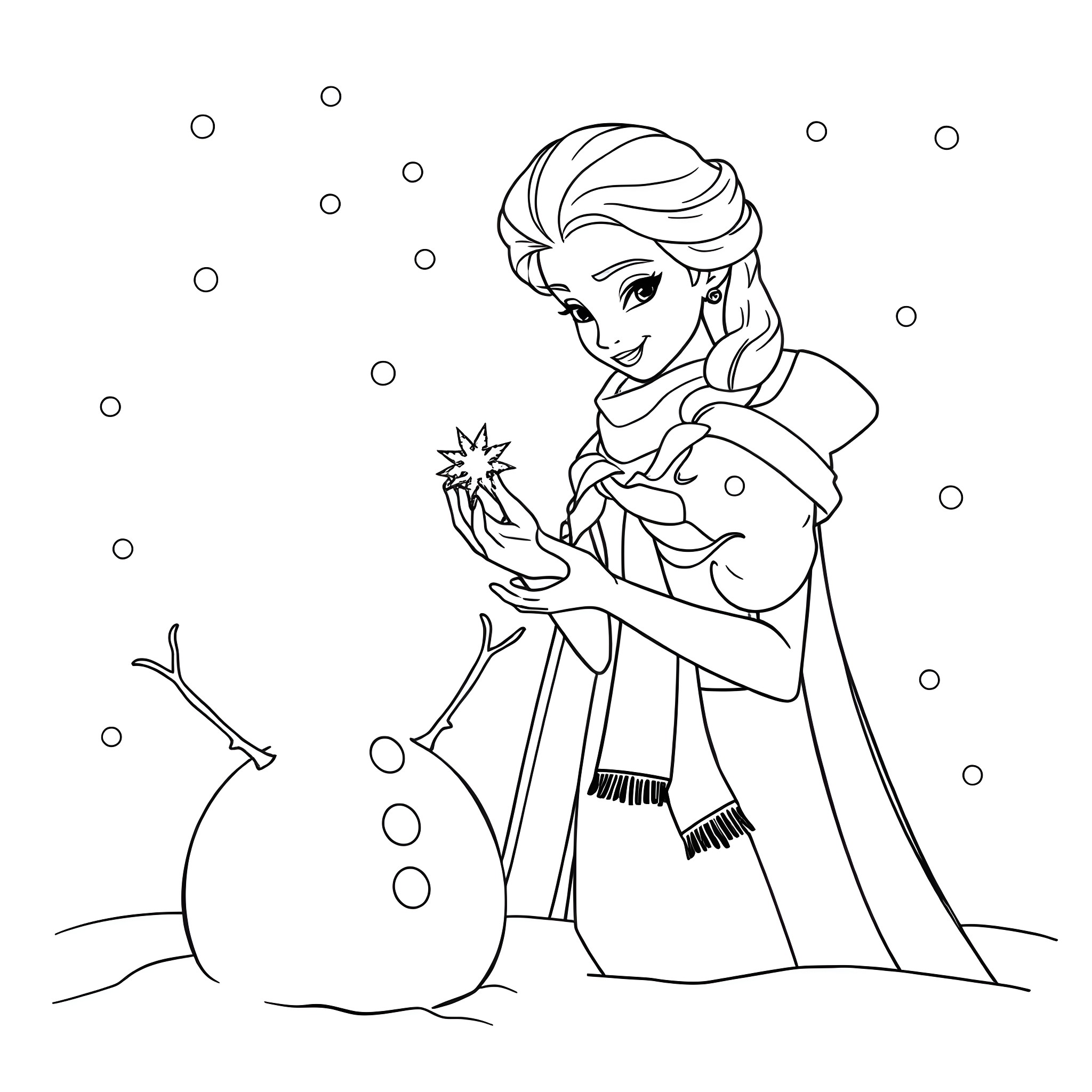 Elsa Creating a Magical Snowman Coloring Page (free black-and-white line drawing printable PDF for all, from beginners to advanced learners, including children, teens, adults, and seniors)