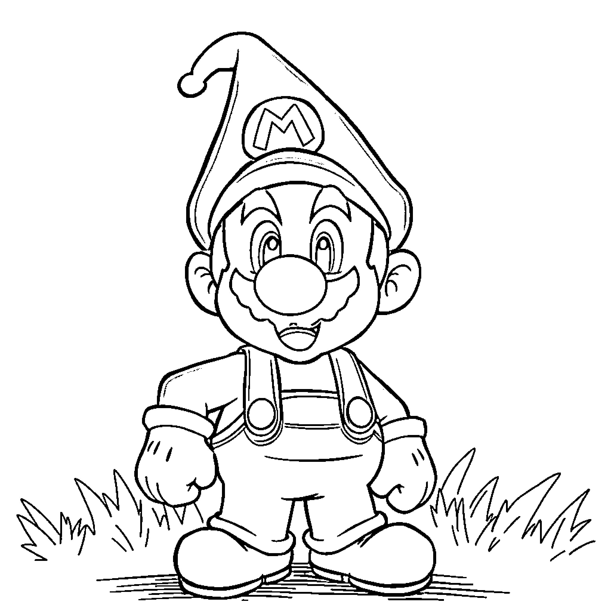 Mario in a Playful Pose on Grass Coloring Page (free black-and-white line drawing printable PDF for all, from beginners to advanced learners, including children, teens, adults, and seniors)