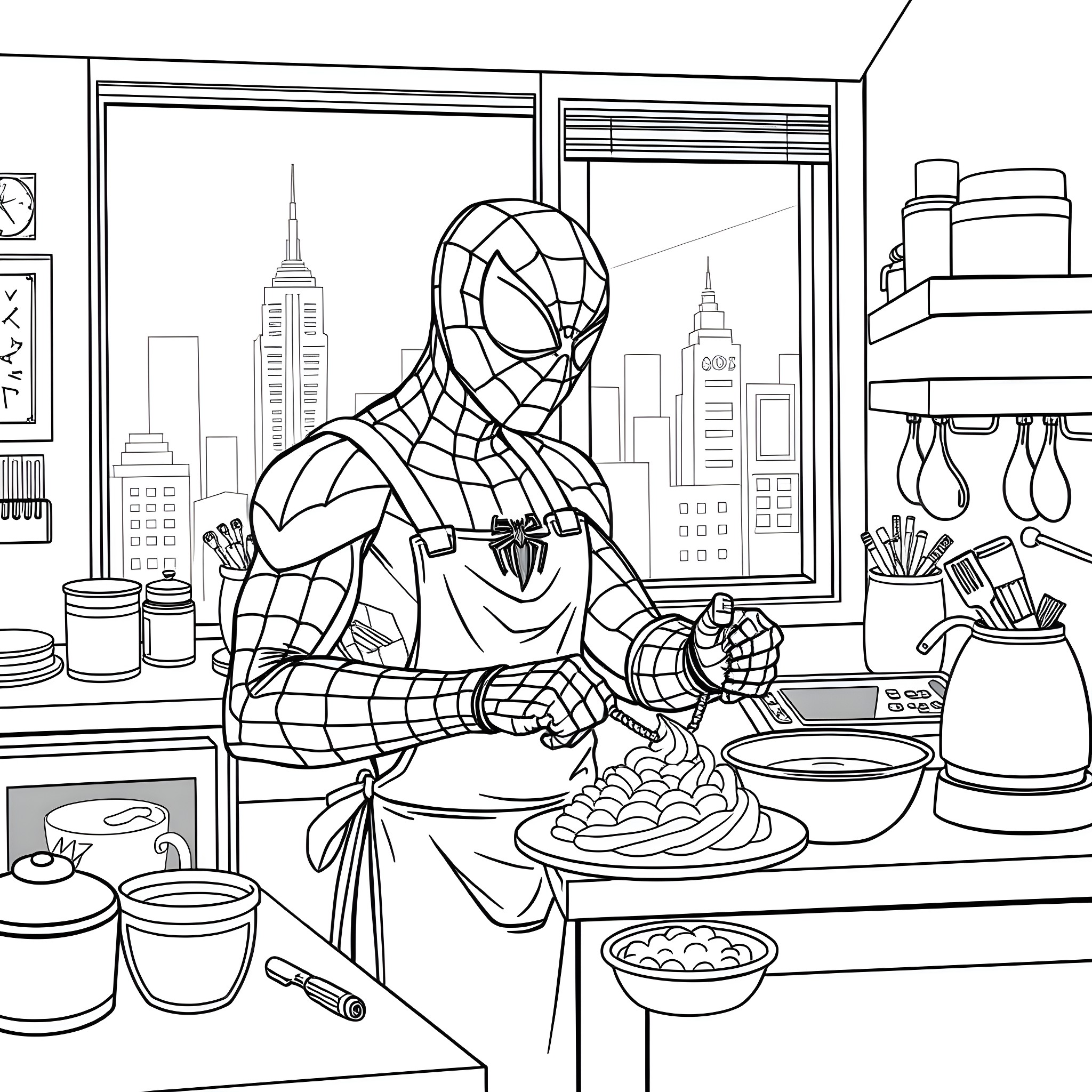 Spider-Man in the Kitchen Making Food Coloring Page (free black-and-white line drawing printable PDF for all, from beginners to advanced learners, including children, teens, adults, and seniors)