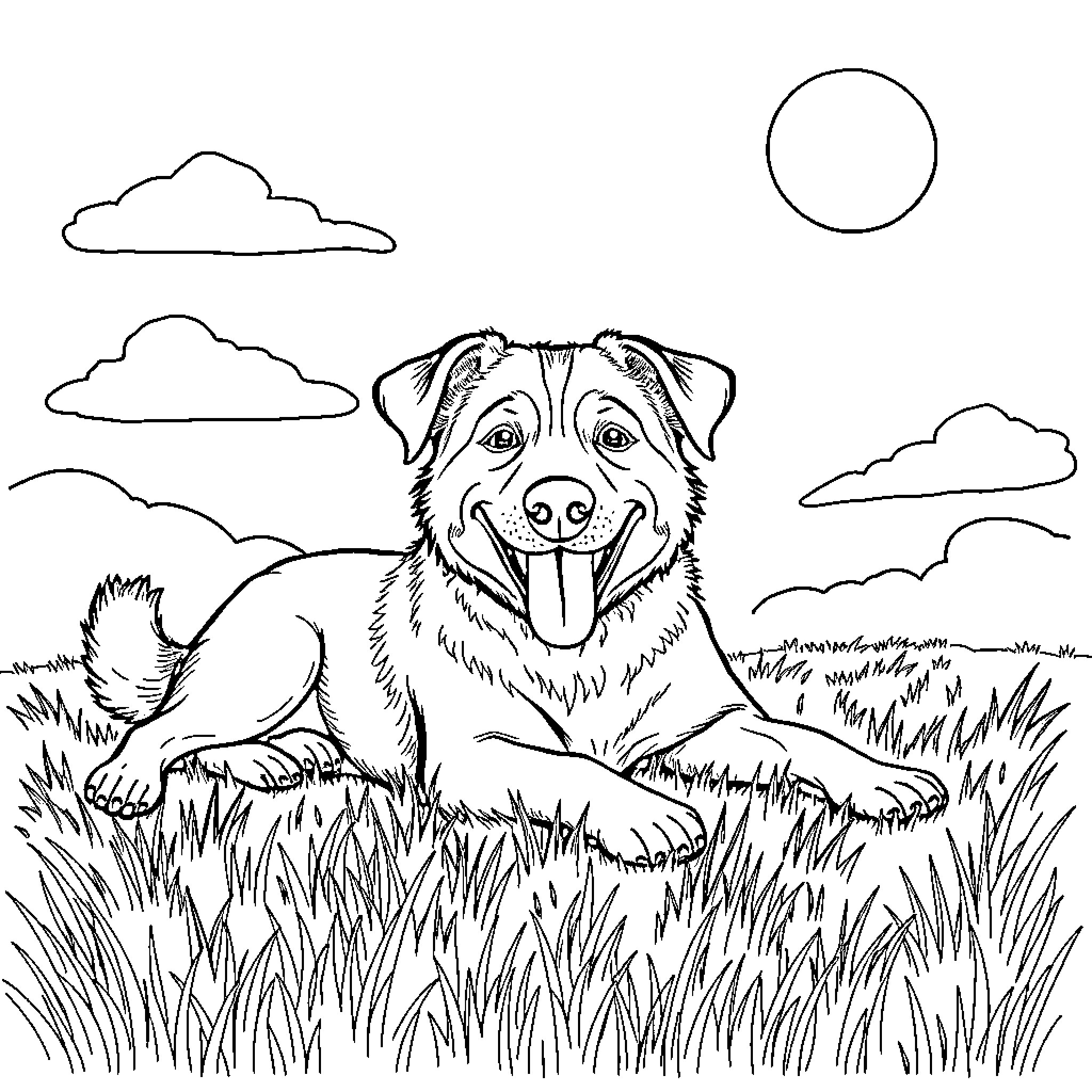 Dog relaxing in the grassy field Coloring Page (free black-and-white line drawing printable PDF for all, from beginners to advanced learners, including children, teens, adults, and seniors)