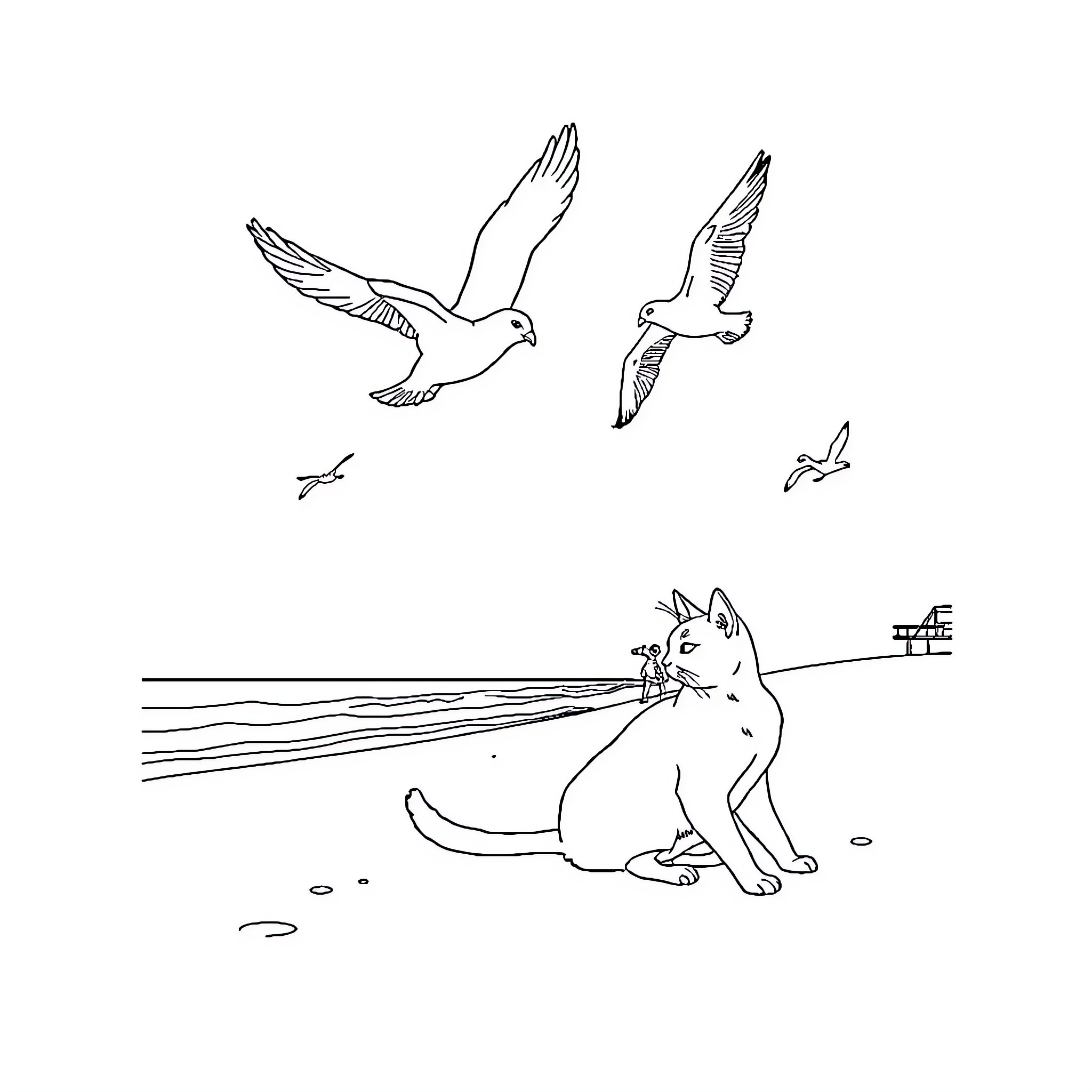 Cat by the sea with flying birds Coloring Page (free black-and-white line drawing printable PDF for all, from beginners to advanced learners, including children, teens, adults, and seniors)