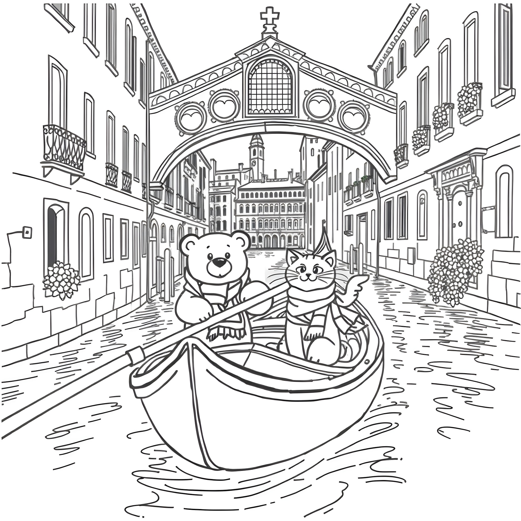 Bear and cat riding in a boat on a canal in Venice Coloring Page (free black-and-white line drawing printable PDF for all, from beginners to advanced learners, including children, teens, adults, and seniors)