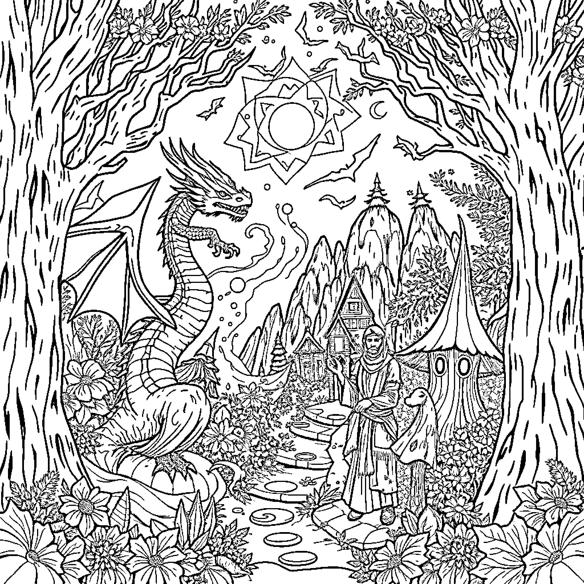Fantasy Enchanted Forest with Dragon and Wizard Coloring Page (free black-and-white line drawing printable PDF for all, from beginners to advanced learners, including children, teens, adults, and seniors)