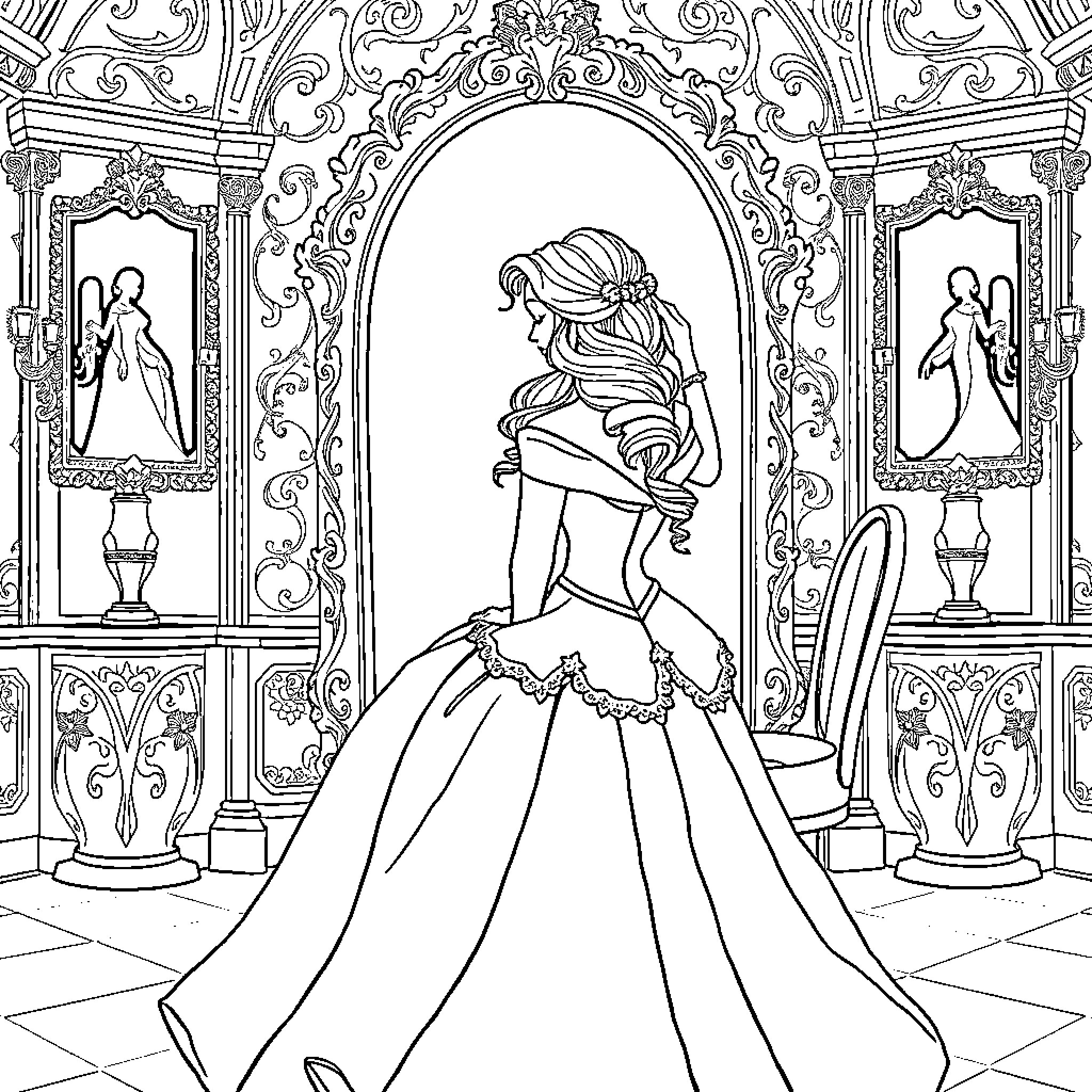 Princess in Regal Attire Amid Ornate Decor Coloring Page (free black-and-white line drawing printable PDF for all, from beginners to advanced learners, including children, teens, adults, and seniors)