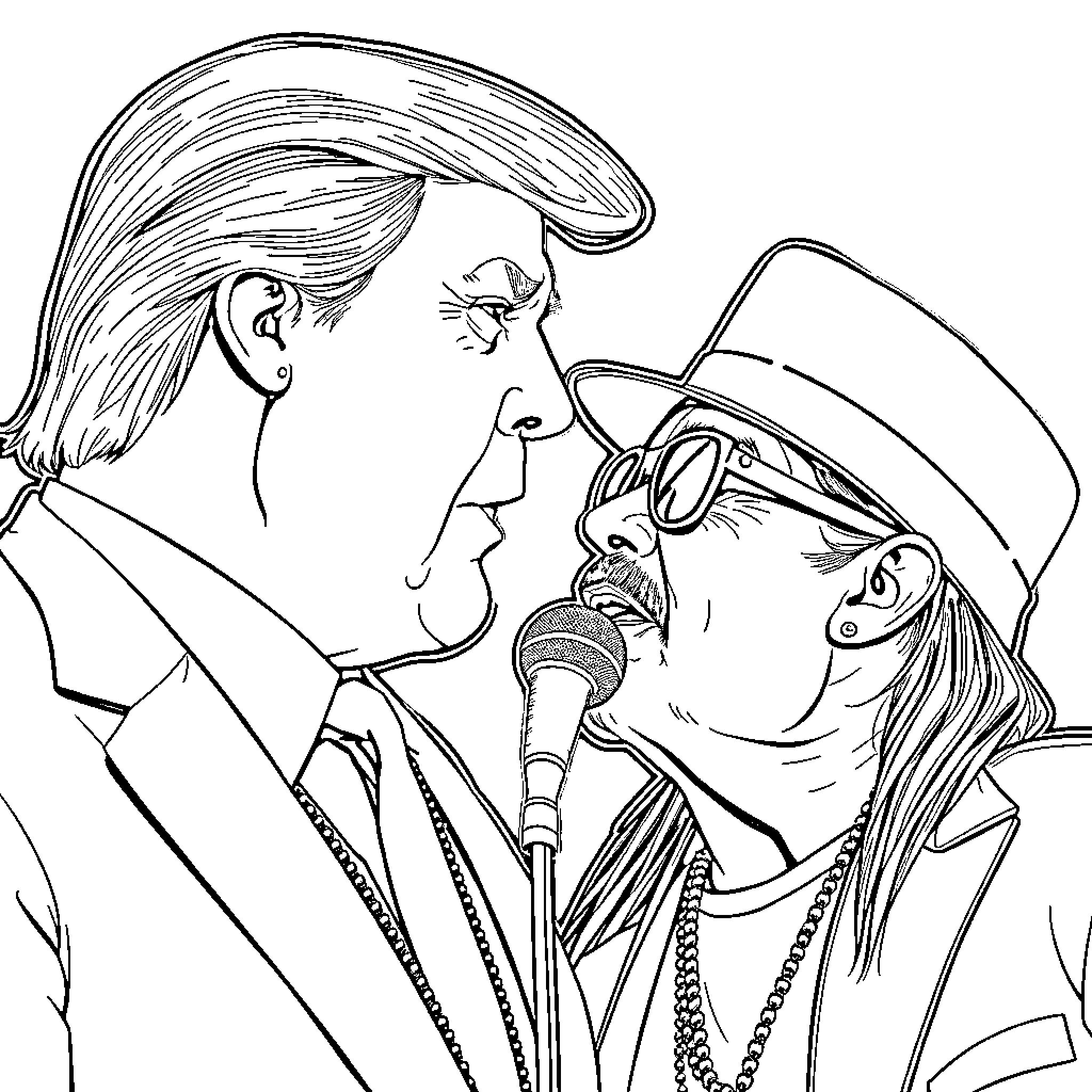 Kid Rock performing on stage with microphone Coloring Page (free black-and-white line drawing printable PDF for all, from beginners to advanced learners, including children, teens, adults, and seniors)