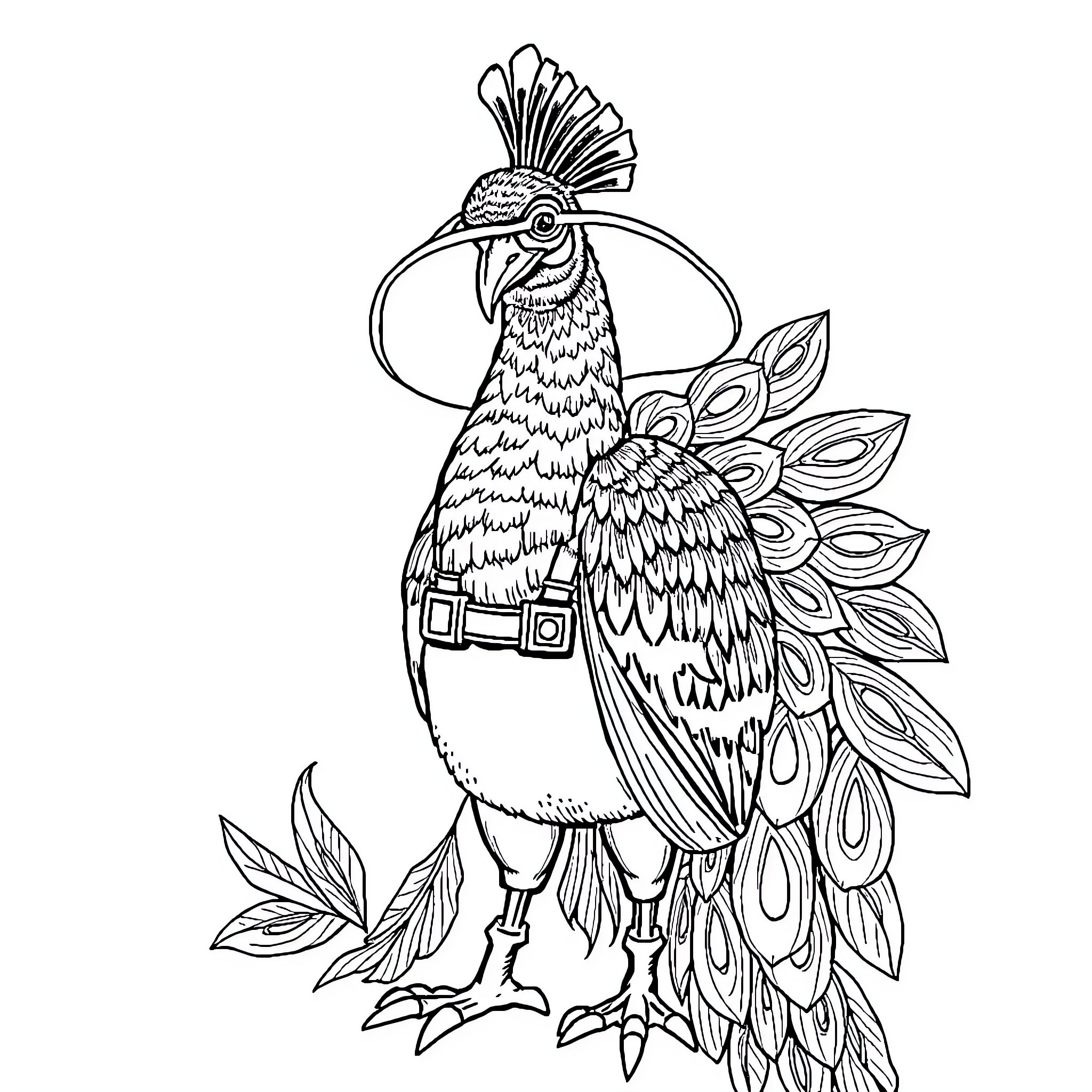 Peacock displaying its magnificent feathers Coloring Page (free black-and-white line drawing printable PDF for all, from beginners to advanced learners, including children, teens, adults, and seniors)