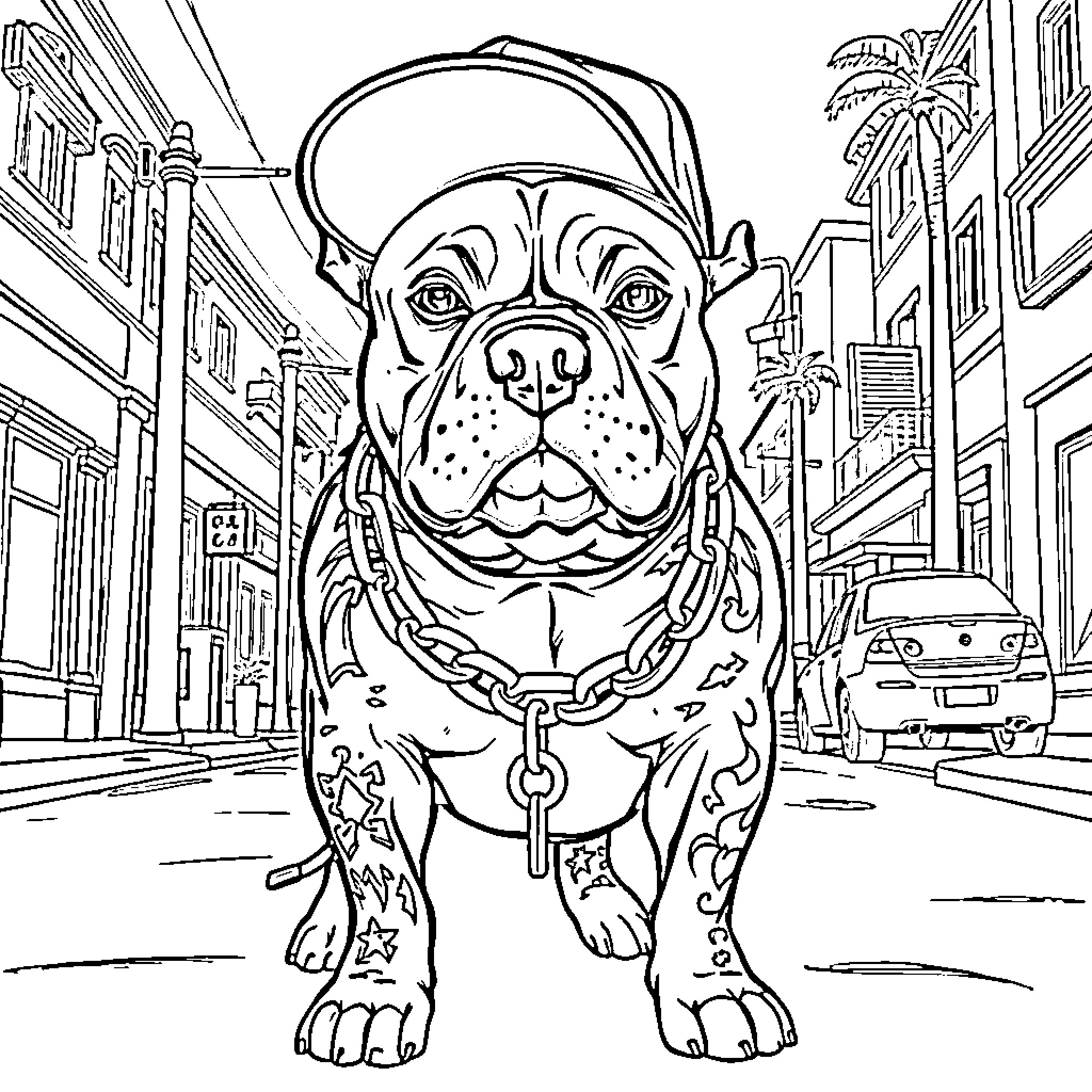 Pitbull wearing cap and chain on city street Coloring Page (free black-and-white line drawing printable PDF for all, from beginners to advanced learners, including children, teens, adults, and seniors)