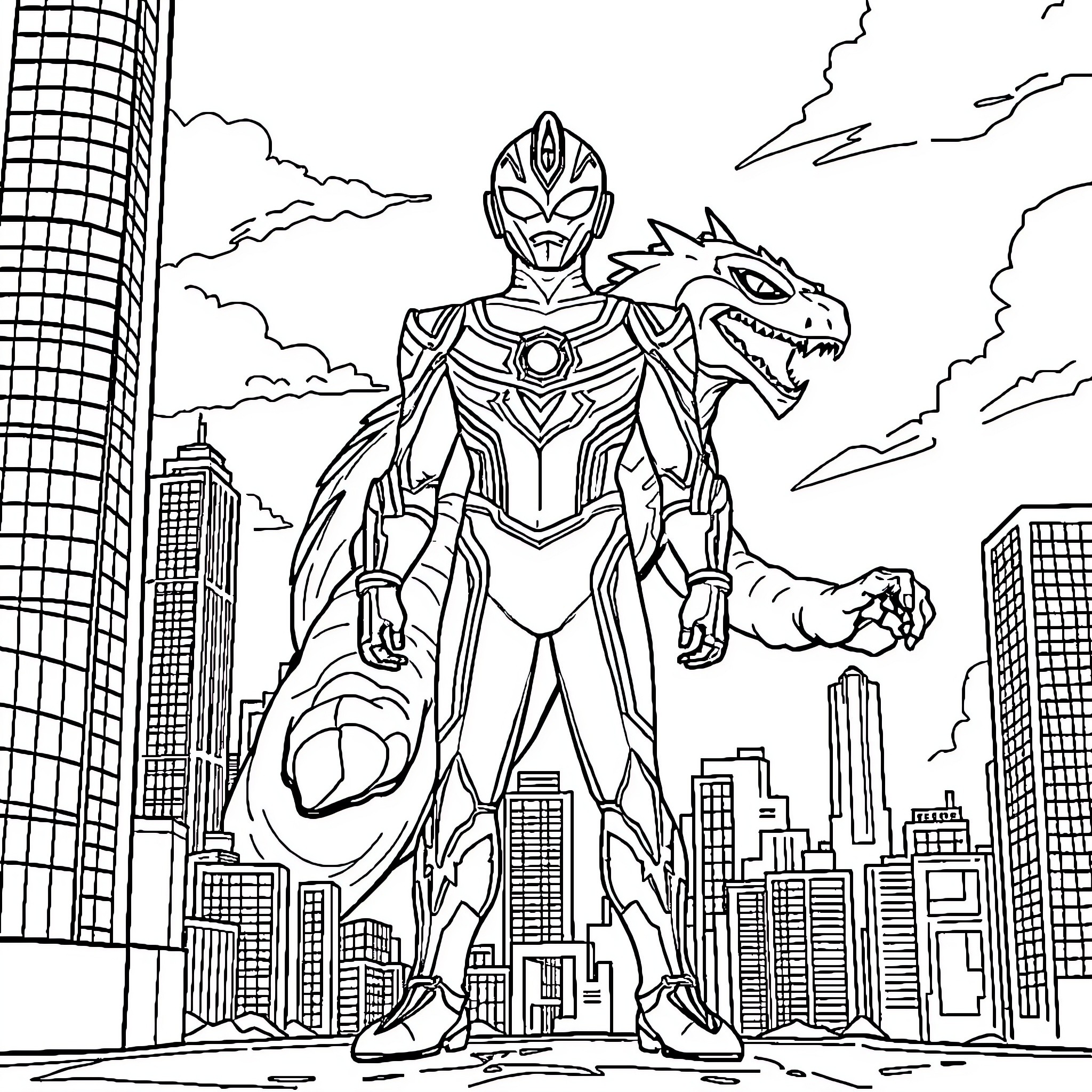 Ultraman battling a fierce dragon in the city Coloring Page (free black-and-white line drawing printable PDF for all, from beginners to advanced learners, including children, teens, adults, and seniors)