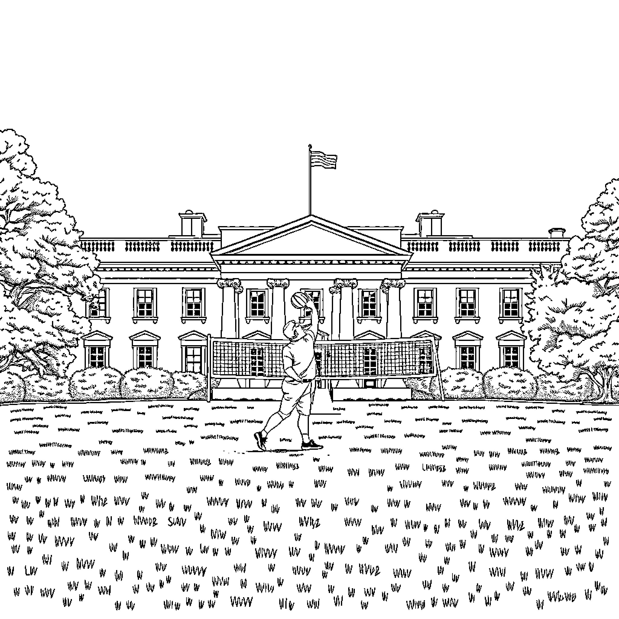 Trump running on the White House lawn Coloring Page (free black-and-white line drawing printable PDF for all, from beginners to advanced learners, including children, teens, adults, and seniors)