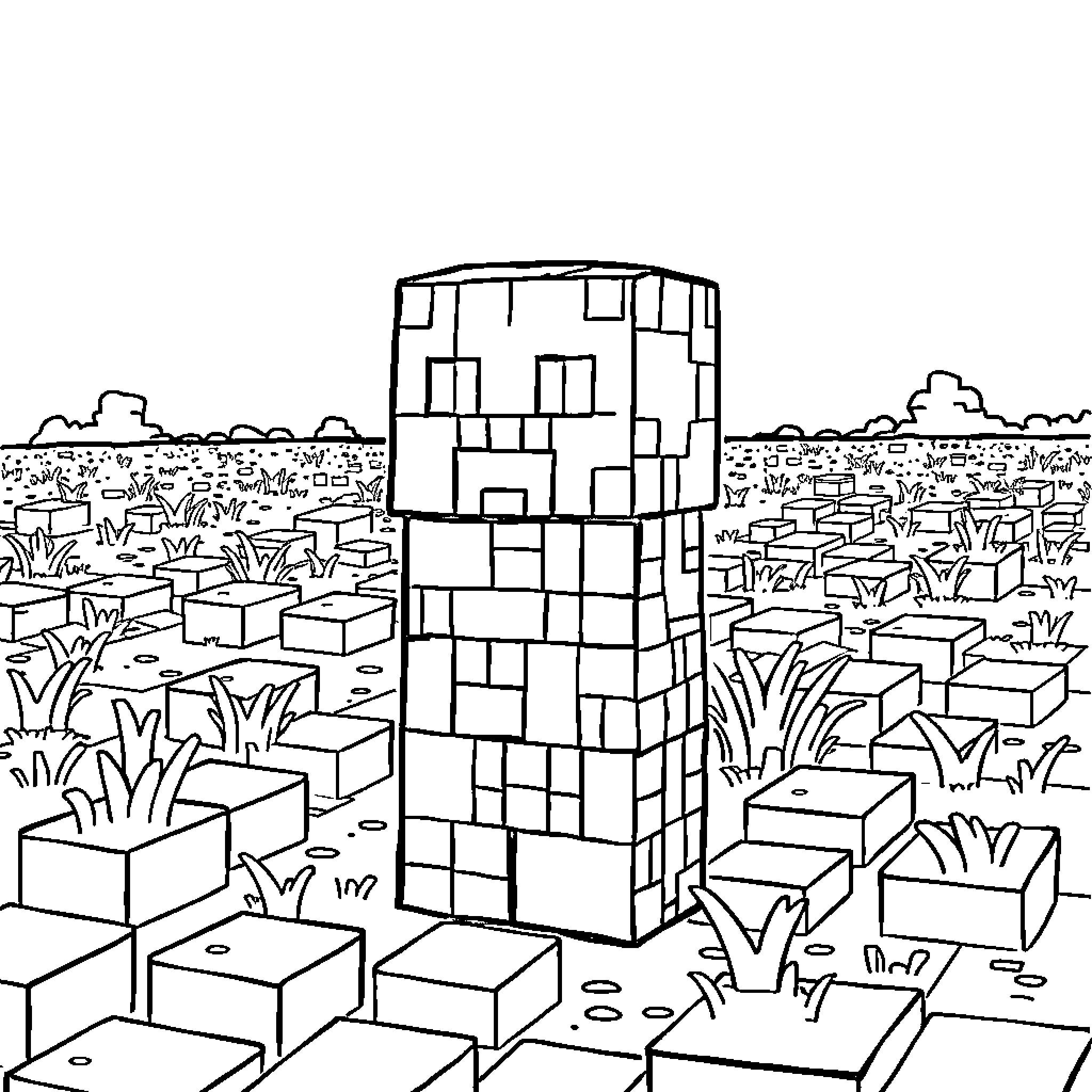 Creeper lurking among the cube-shaped structures Coloring Page (free black-and-white line drawing printable PDF for all, from beginners to advanced learners, including children, teens, adults, and seniors)
