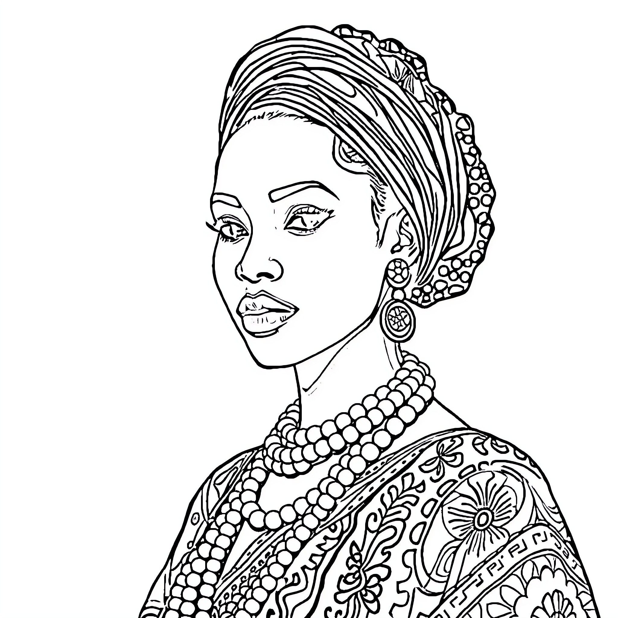 African Woman with Intricate Headpiece and Jewelry Coloring Page (free black-and-white line drawing printable PDF for all, from beginners to advanced learners, including children, teens, adults, and seniors)