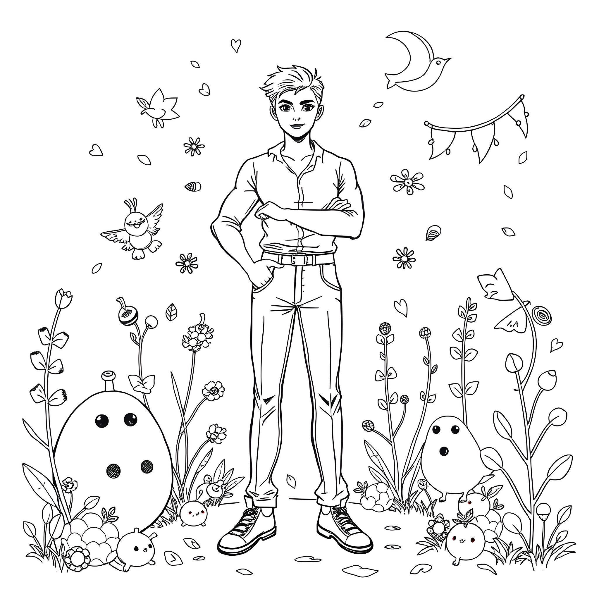 Bbw portrait in nature with playful elements Coloring Page (free black-and-white line drawing printable PDF for all, from beginners to advanced learners, including children, teens, adults, and seniors)