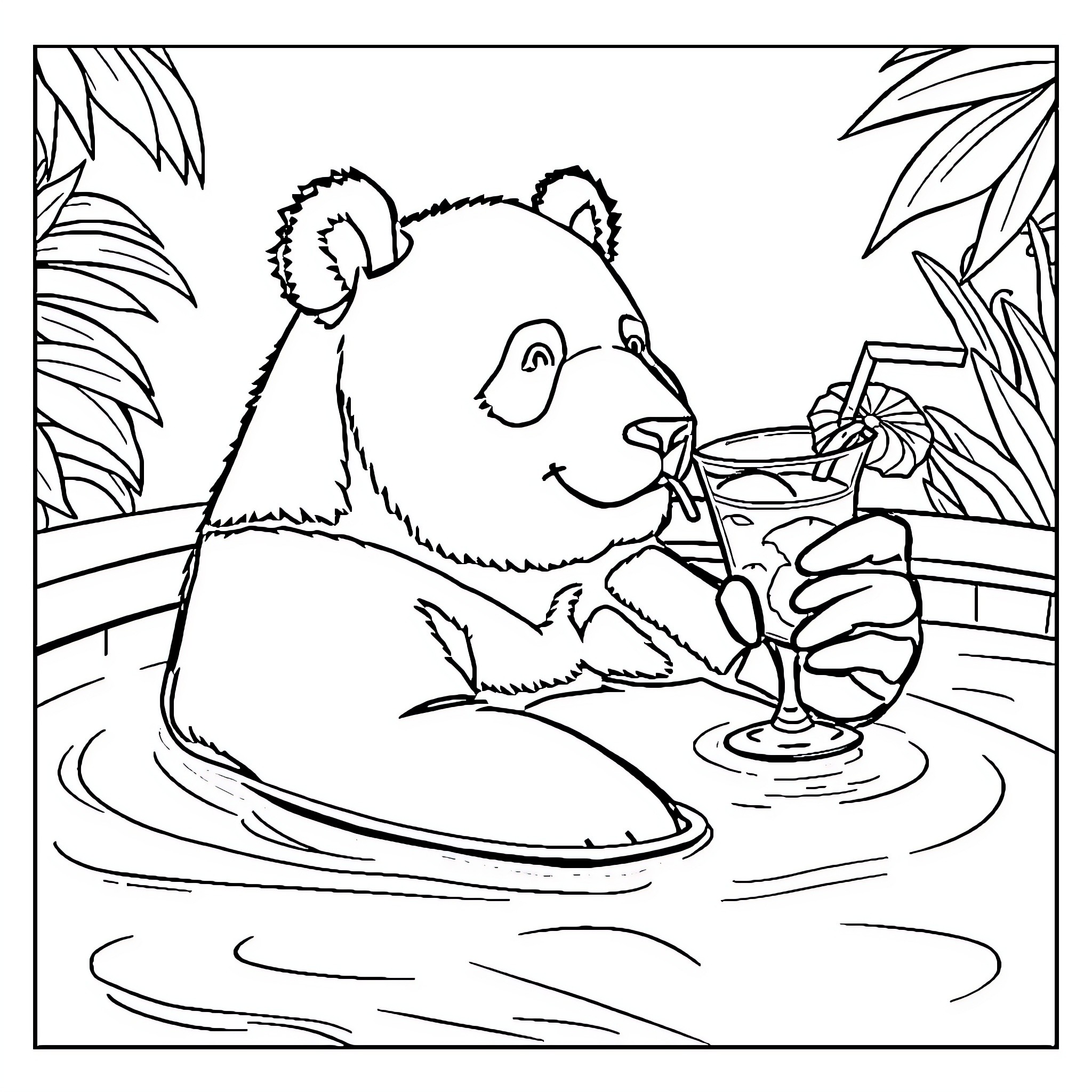 Panda relaxing with a refreshing drink Coloring Page (free black-and-white line drawing printable PDF for all, from beginners to advanced learners, including children, teens, adults, and seniors)