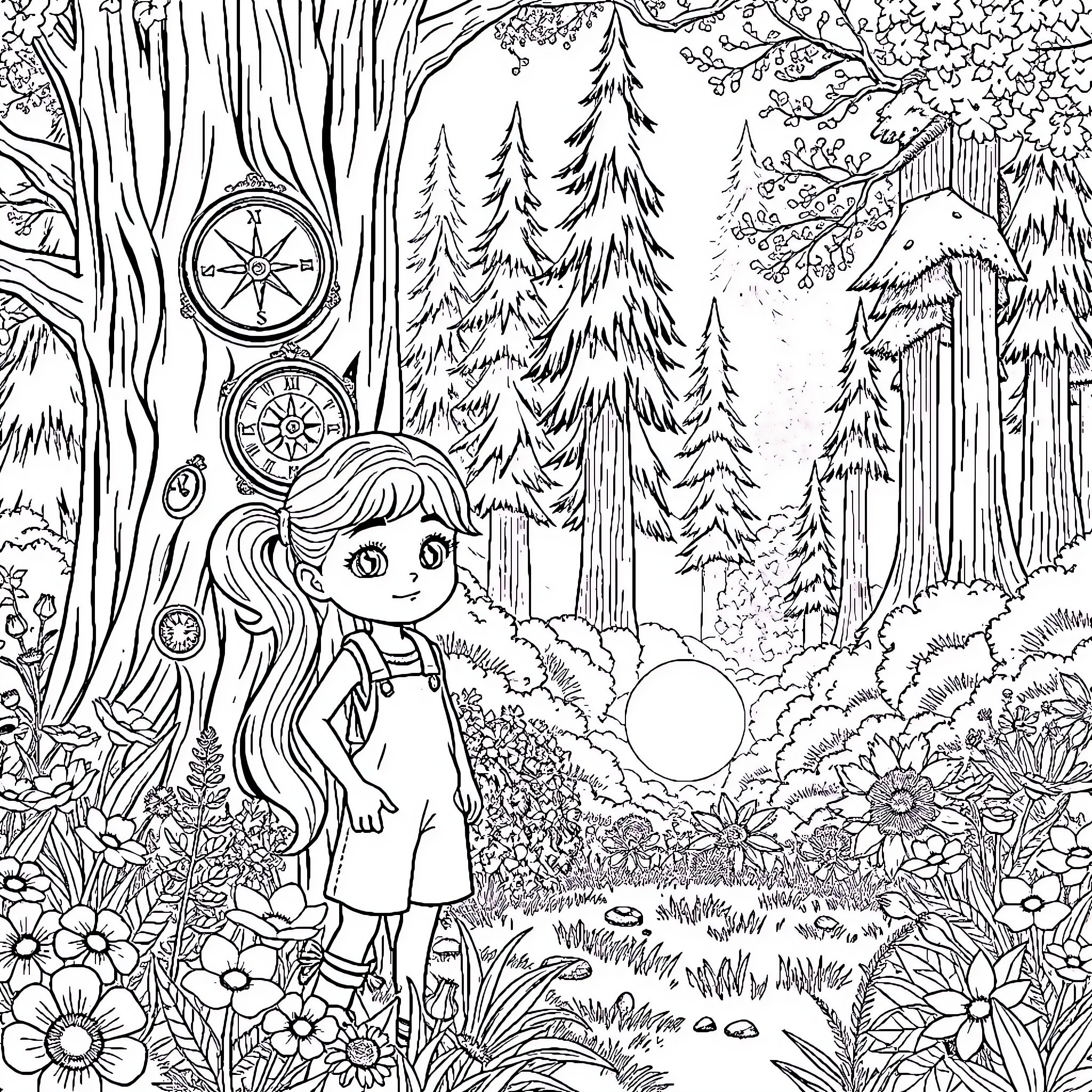 Girl exploring enchanted forest landscape Coloring Page (free black-and-white line drawing printable PDF for all, from beginners to advanced learners, including children, teens, adults, and seniors)