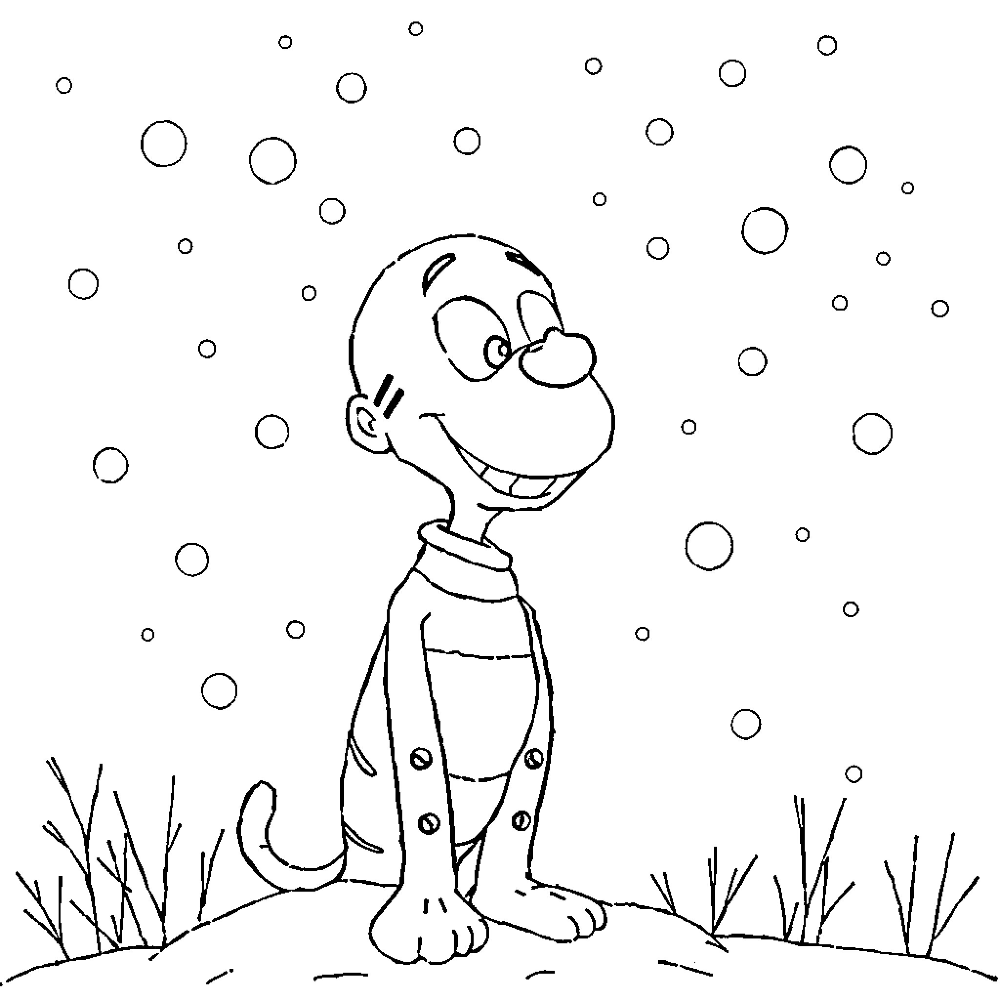 Papyrus of a Cheerful Cartoon Character in the Snow Coloring Page (free black-and-white line drawing printable PDF for all, from beginners to advanced learners, including children, teens, adults, and seniors)