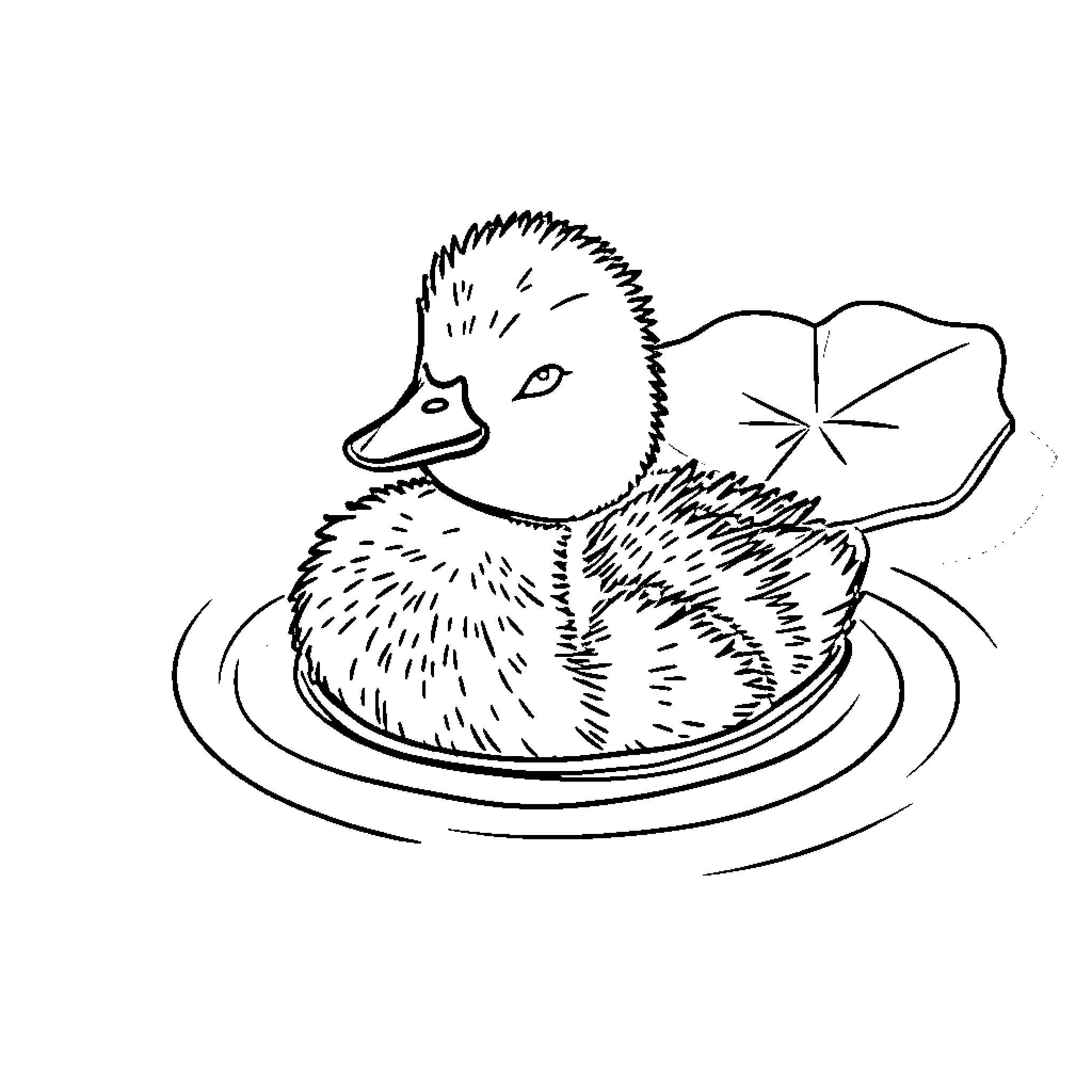 Duckling swimming in pond with floating leaf Coloring Page (free black-and-white line drawing printable PDF for all, from beginners to advanced learners, including children, teens, adults, and seniors)