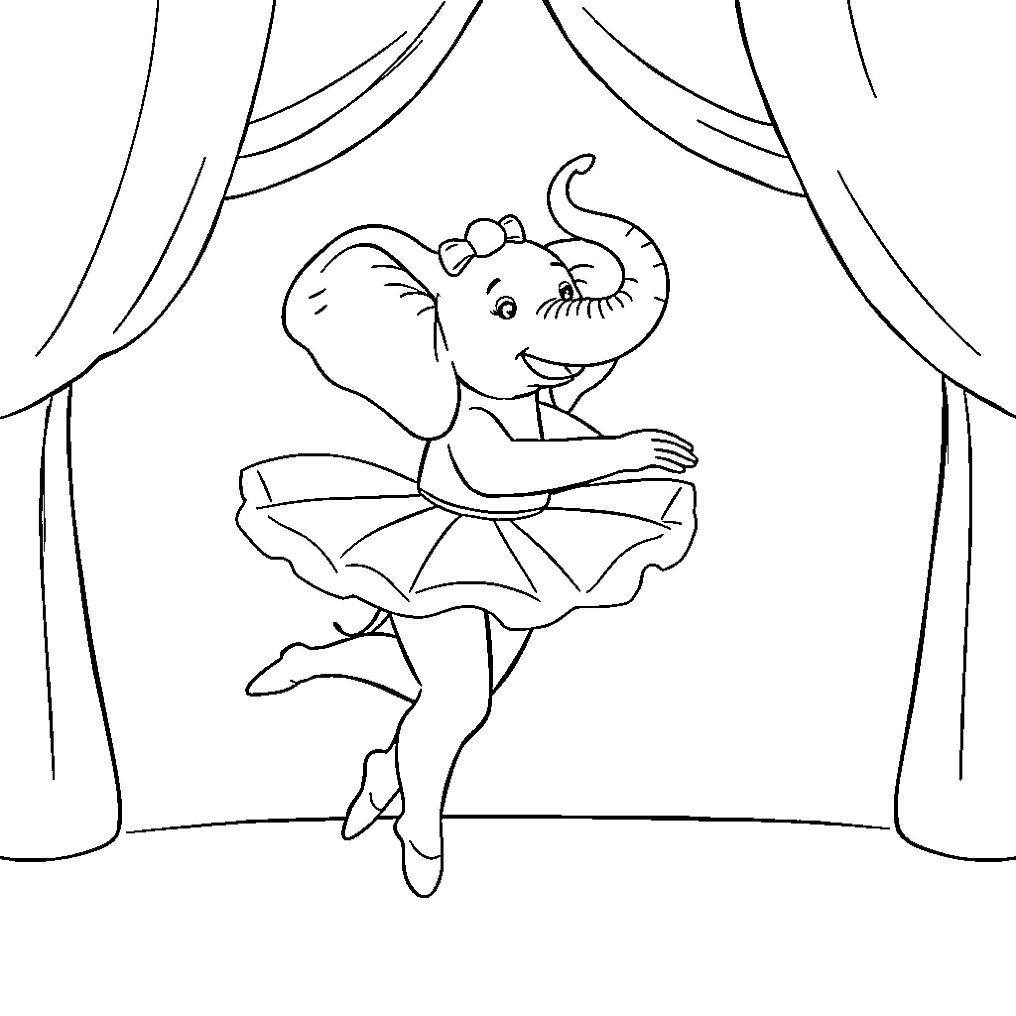 Elephant ballerina performing on stage Coloring Page (free black-and-white line drawing printable PDF for all, from beginners to advanced learners, including children, teens, adults, and seniors)