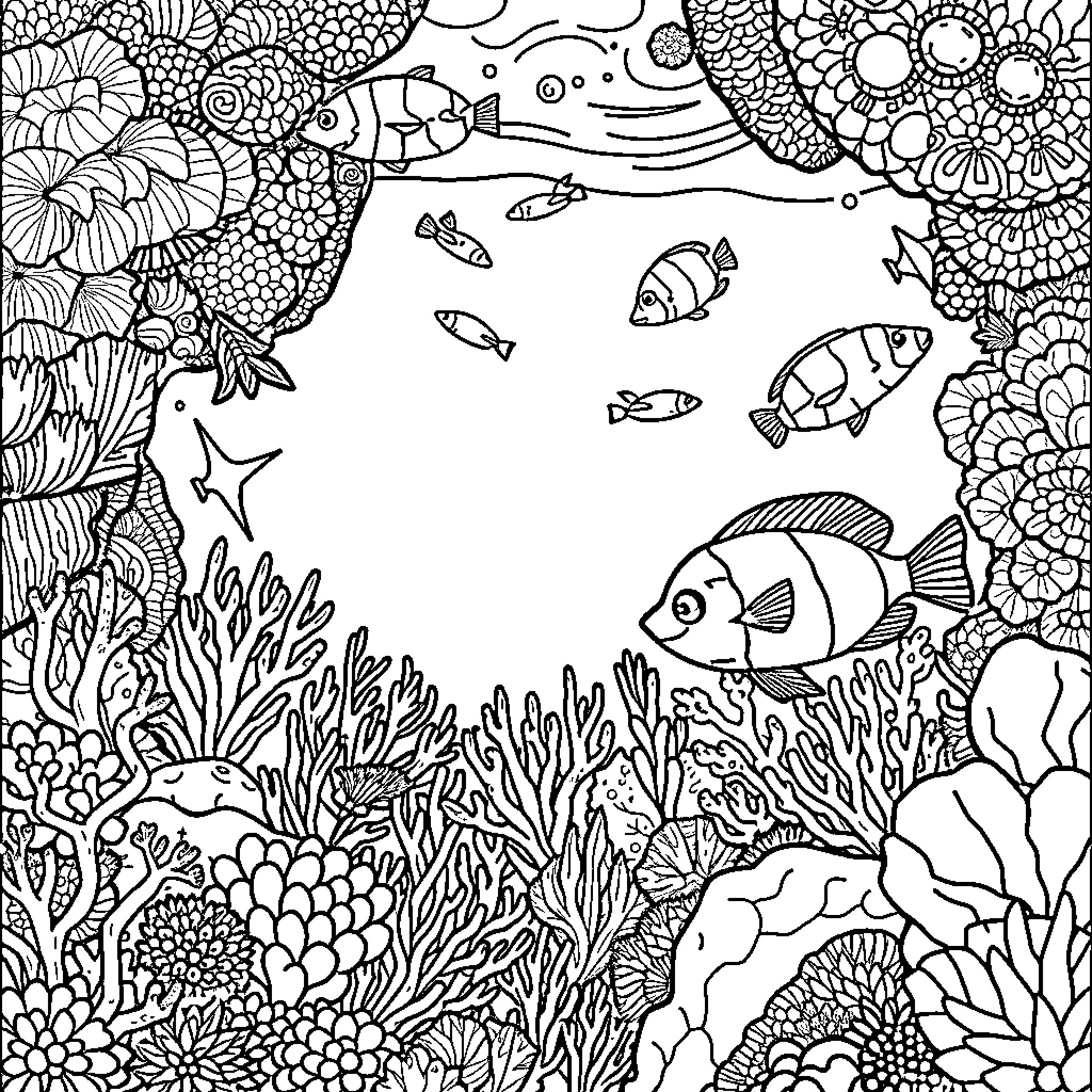 Sea creatures swimming among colorful corals Coloring Page (free black-and-white line drawing printable PDF for all, from beginners to advanced learners, including children, teens, adults, and seniors)