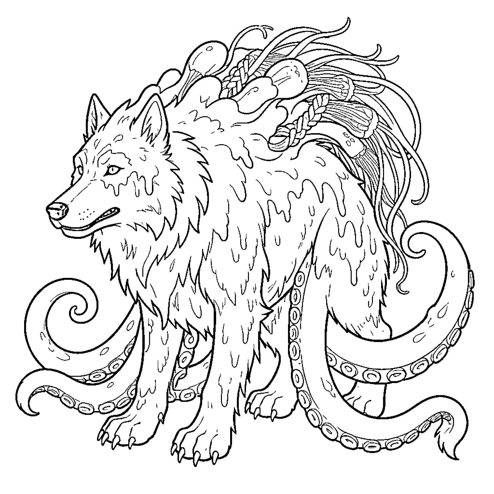 Chimera with Fantastical Wolf-like Creature Coloring Page (free black-and-white line drawing printable PDF for all, from beginners to advanced learners, including children, teens, adults, and seniors)