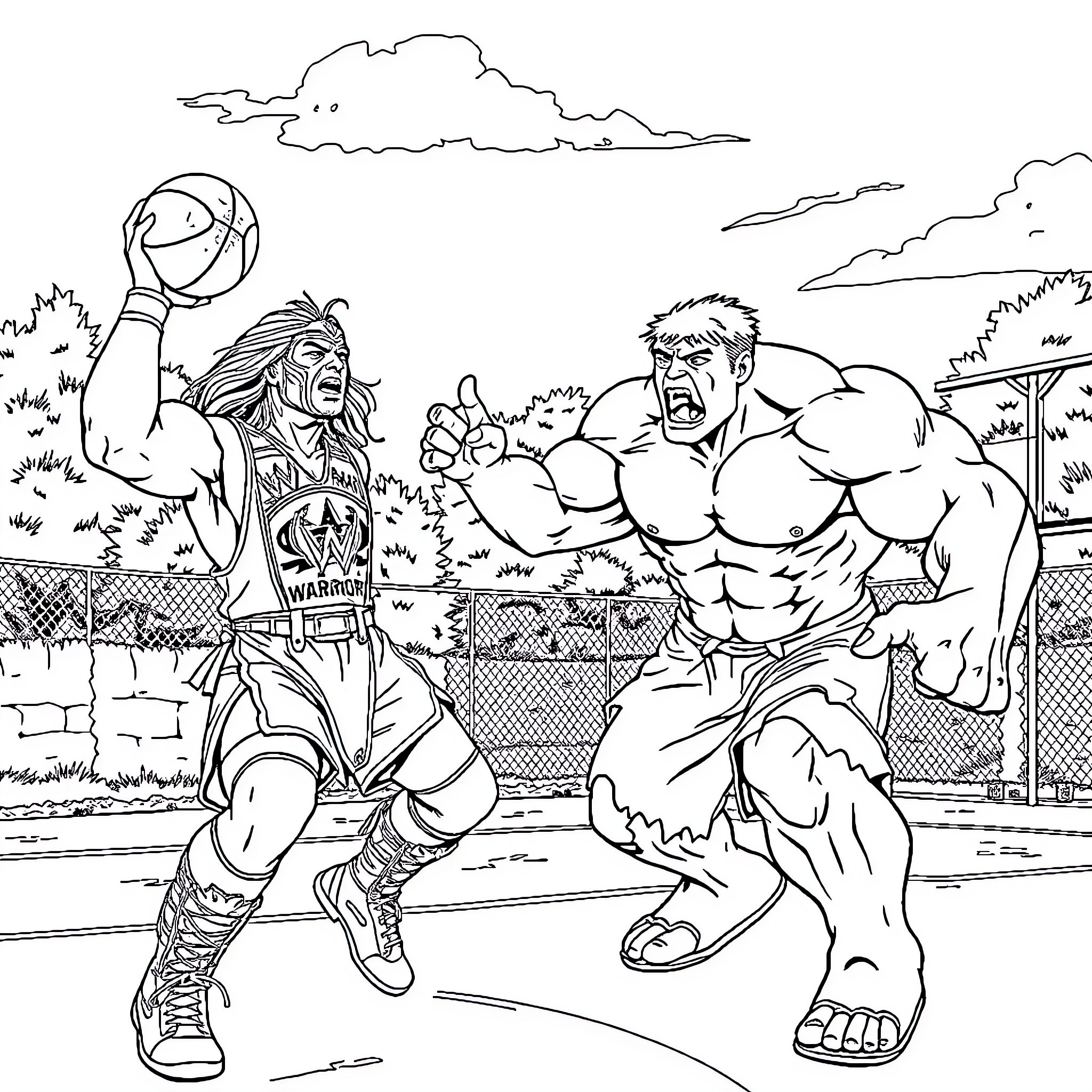 Warrior characters in intense basketball competition Coloring Page (free black-and-white line drawing printable PDF for all, from beginners to advanced learners, including children, teens, adults, and seniors)