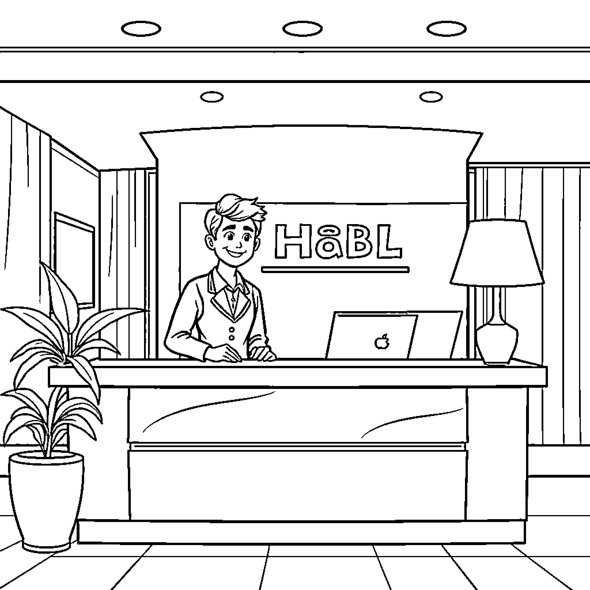 Hotel Agent Assisting Guest at Front Desk Coloring Page (free black-and-white line drawing printable PDF for all, from beginners to advanced learners, including children, teens, adults, and seniors)