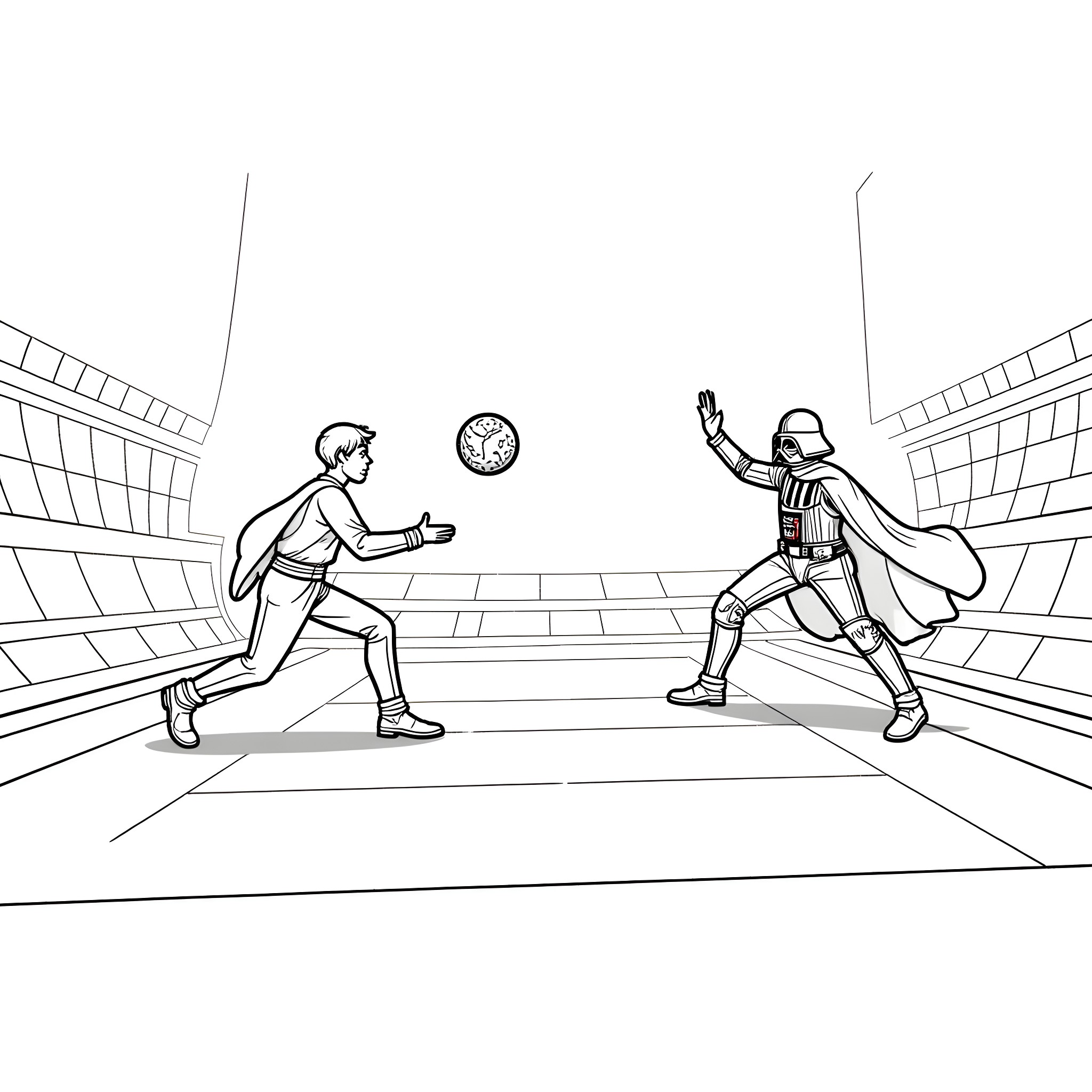 Luke Skywalker Battles Darth Vader in Iconic Duel Coloring Page (free black-and-white line drawing printable PDF for all, from beginners to advanced learners, including children, teens, adults, and seniors)