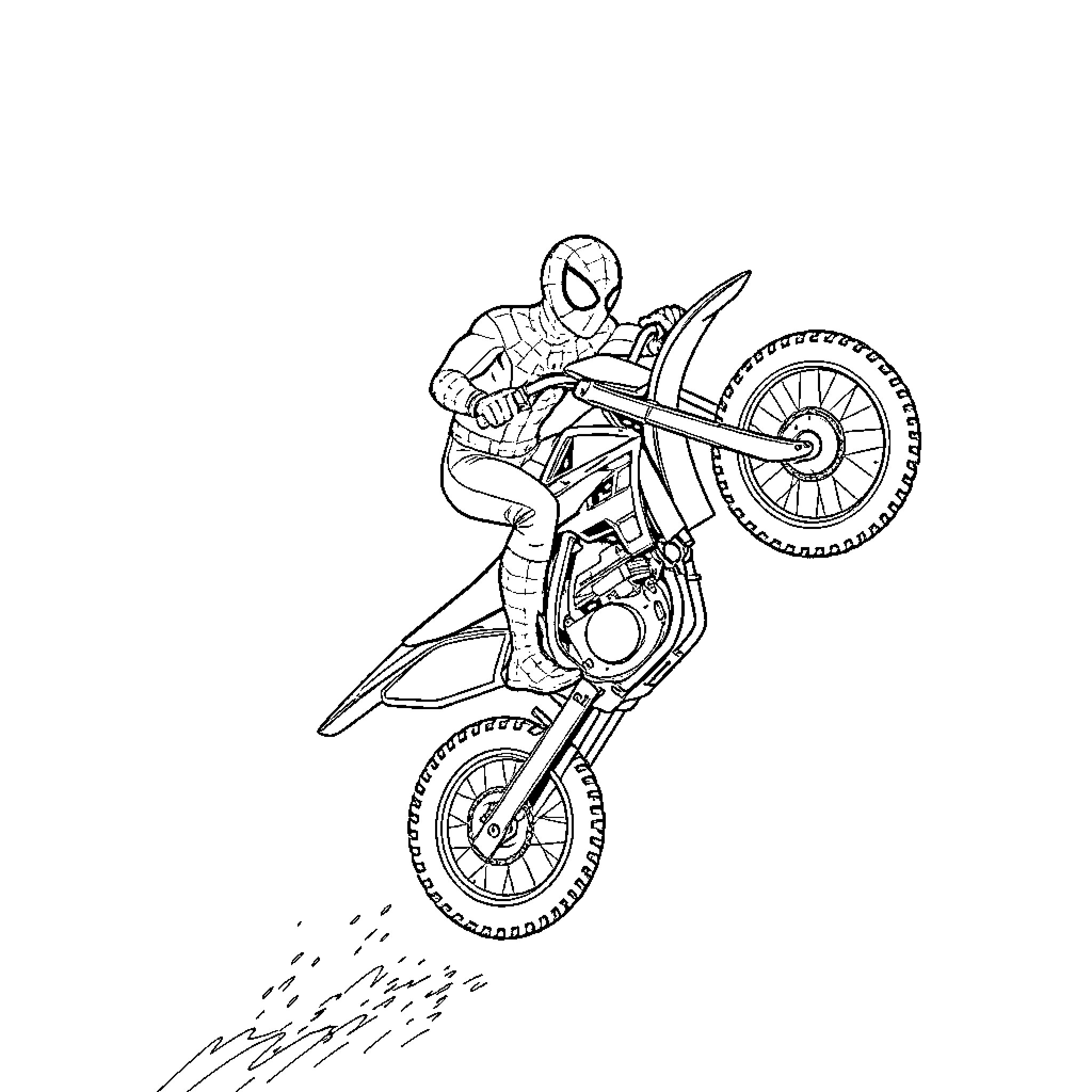 Spiderman performing daring motorcycle stunt Coloring Page (free black-and-white line drawing printable PDF for all, from beginners to advanced learners, including children, teens, adults, and seniors)