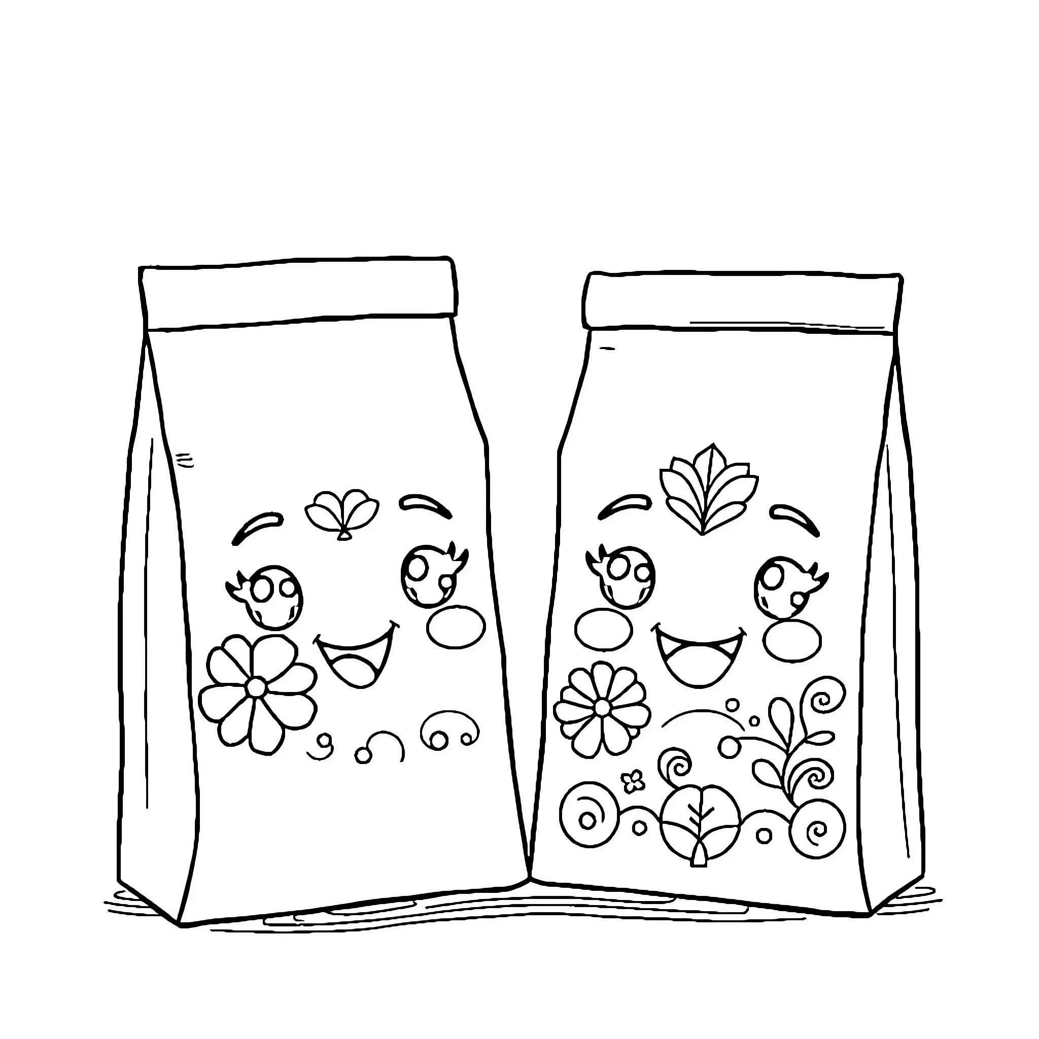 Teabag bags with cheerful doodle designs Coloring Page (free black-and-white line drawing printable PDF for all, from beginners to advanced learners, including children, teens, adults, and seniors)