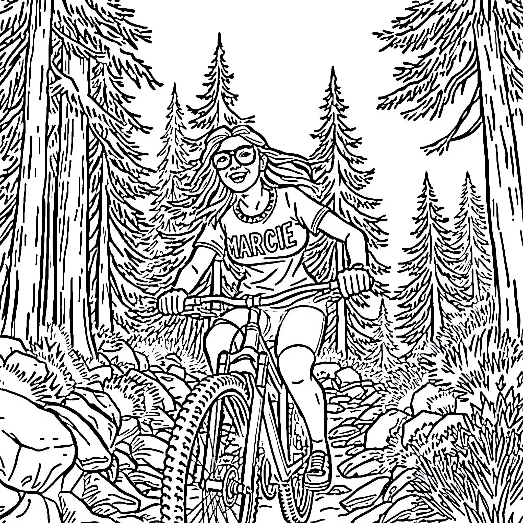 Lady on a bike enjoying the forest scenery Coloring Page (free black-and-white line drawing printable PDF for all, from beginners to advanced learners, including children, teens, adults, and seniors)