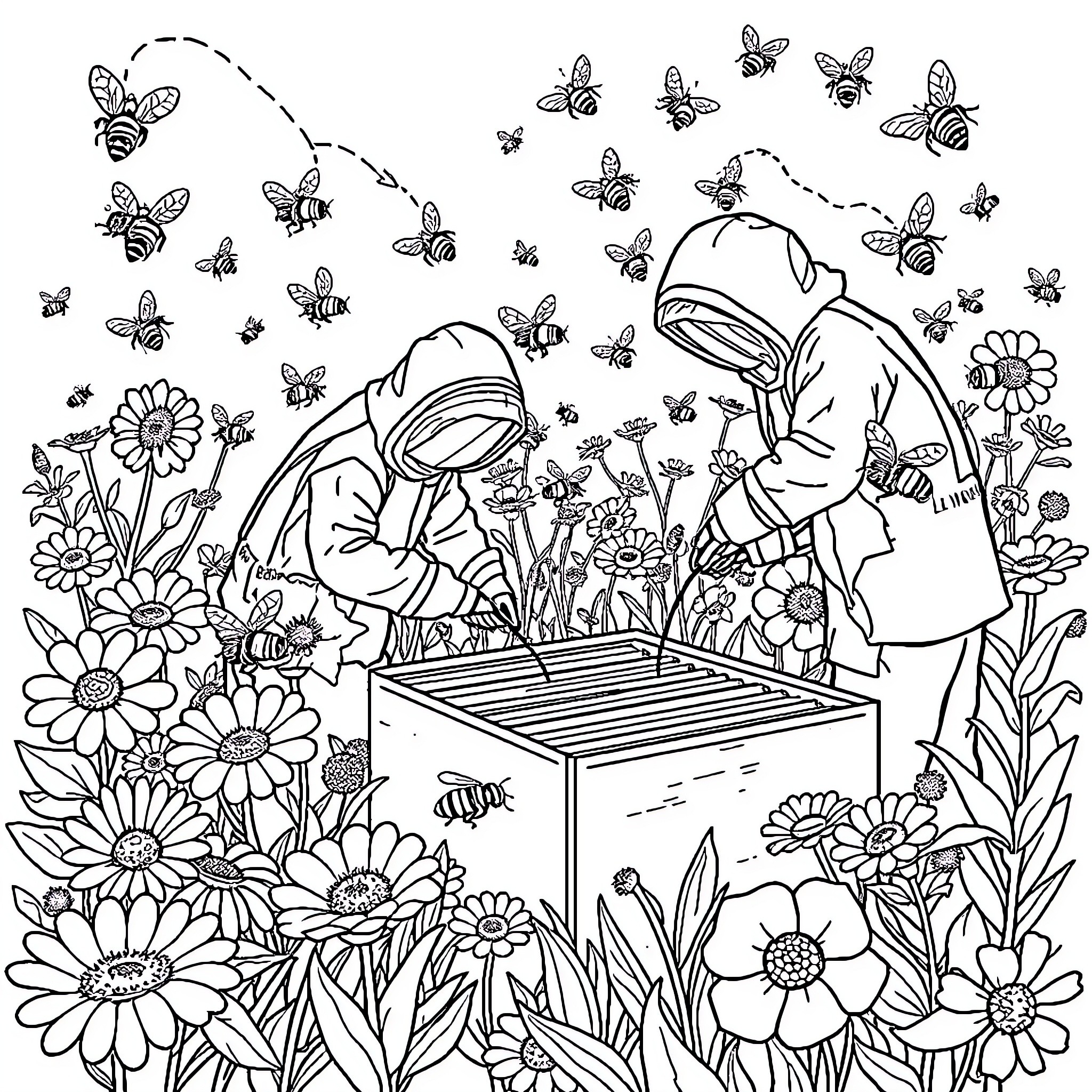 Bee friendly garden with friends Coloring Page (free black-and-white line drawing printable PDF for all, from beginners to advanced learners, including children, teens, adults, and seniors)
