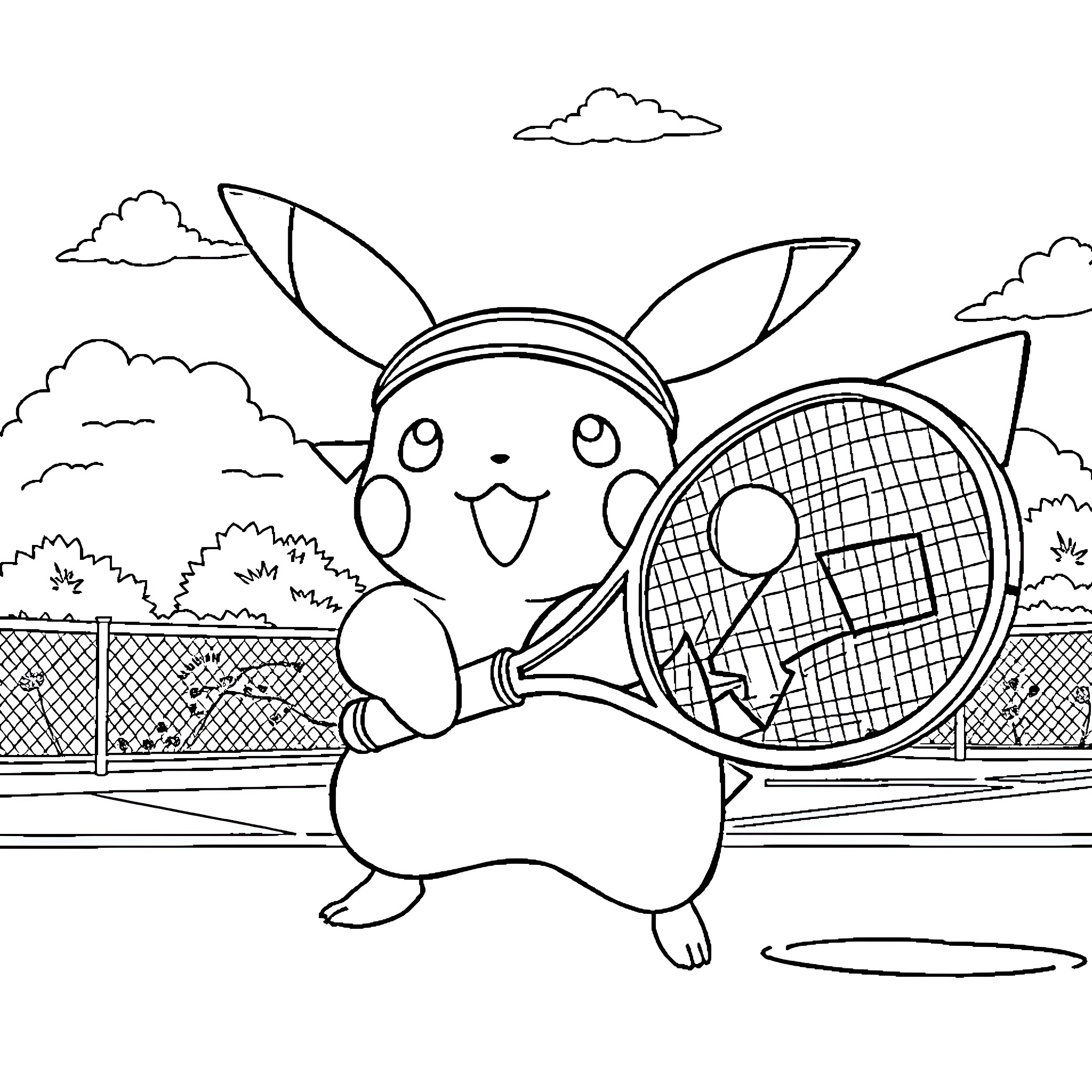 Pikachu playing tennis on the court Coloring Page (free black-and-white line drawing printable PDF for all, from beginners to advanced learners, including children, teens, adults, and seniors)