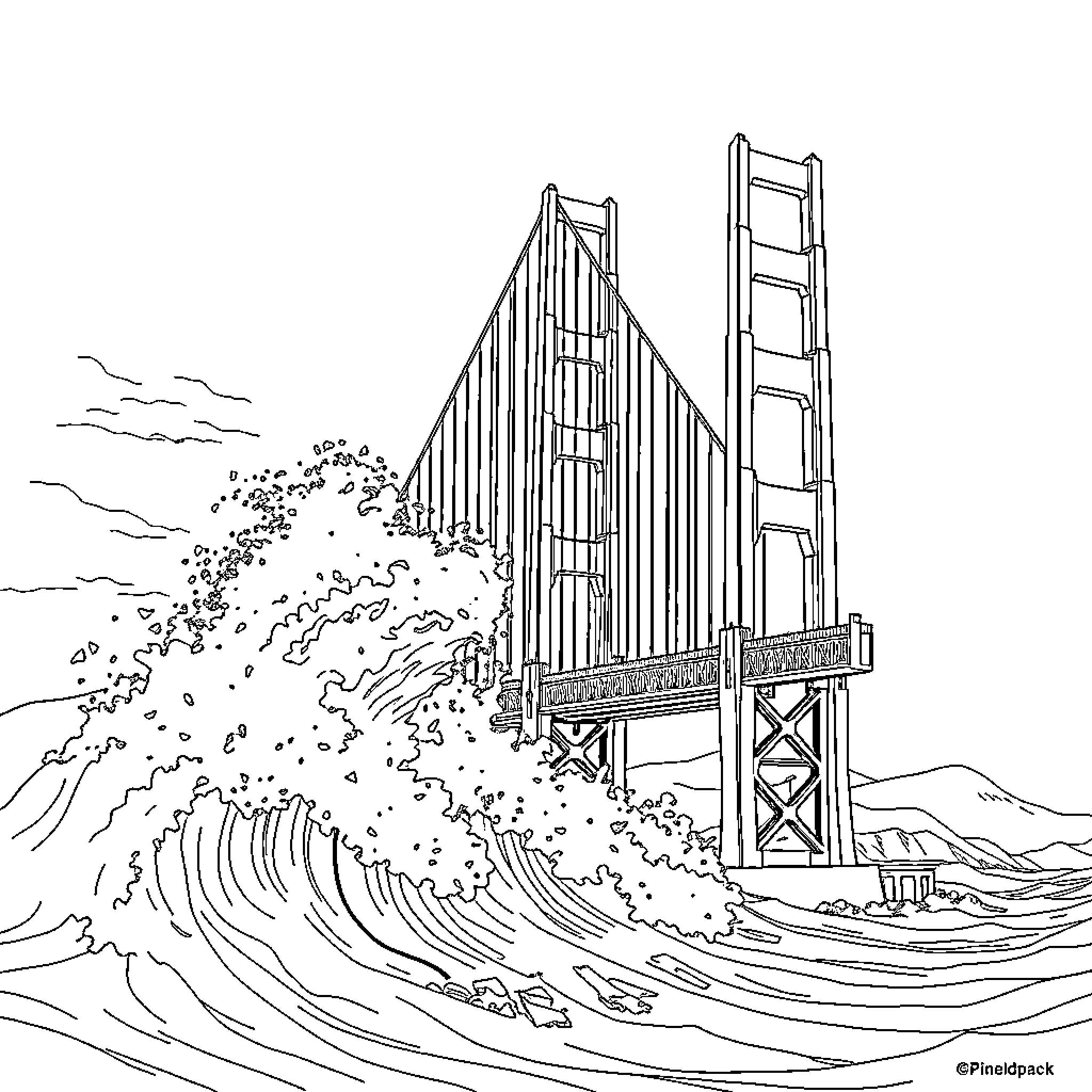 Golden Gate Bridge against dramatic waves and sky Coloring Page (free black-and-white line drawing printable PDF for all, from beginners to advanced learners, including children, teens, adults, and seniors)