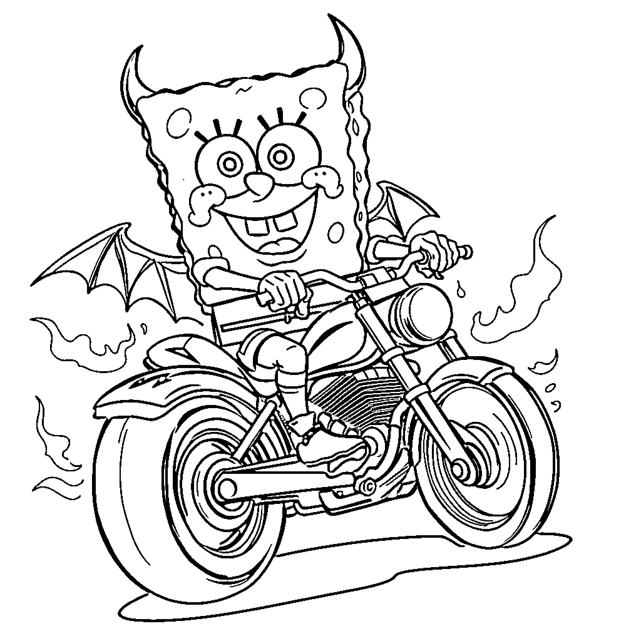 Spongebob riding a motorcycle with bat wings Coloring Page (free black-and-white line drawing printable PDF for all, from beginners to advanced learners, including children, teens, adults, and seniors)