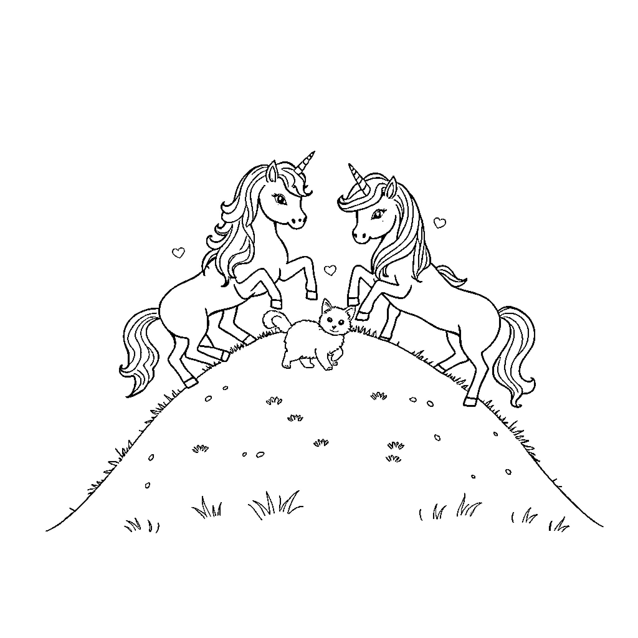 Unicorn couple galloping joyfully on a grassy field Coloring Page (free black-and-white line drawing printable PDF for all, from beginners to advanced learners, including children, teens, adults, and seniors)