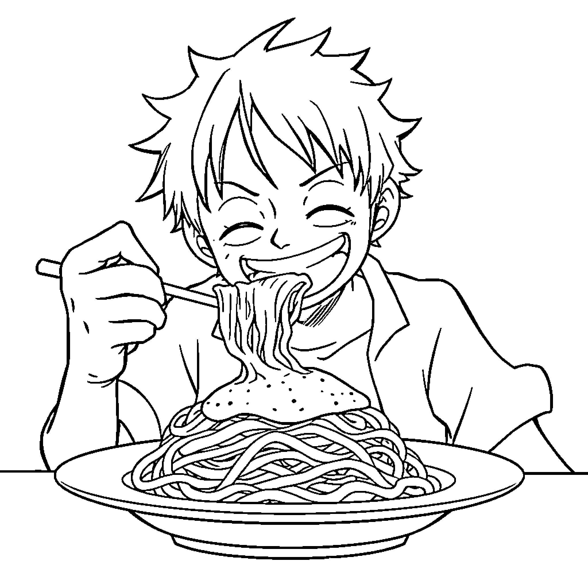 Luffy enjoying a hearty meal Coloring Page (free black-and-white line drawing printable PDF for all, from beginners to advanced learners, including children, teens, adults, and seniors)