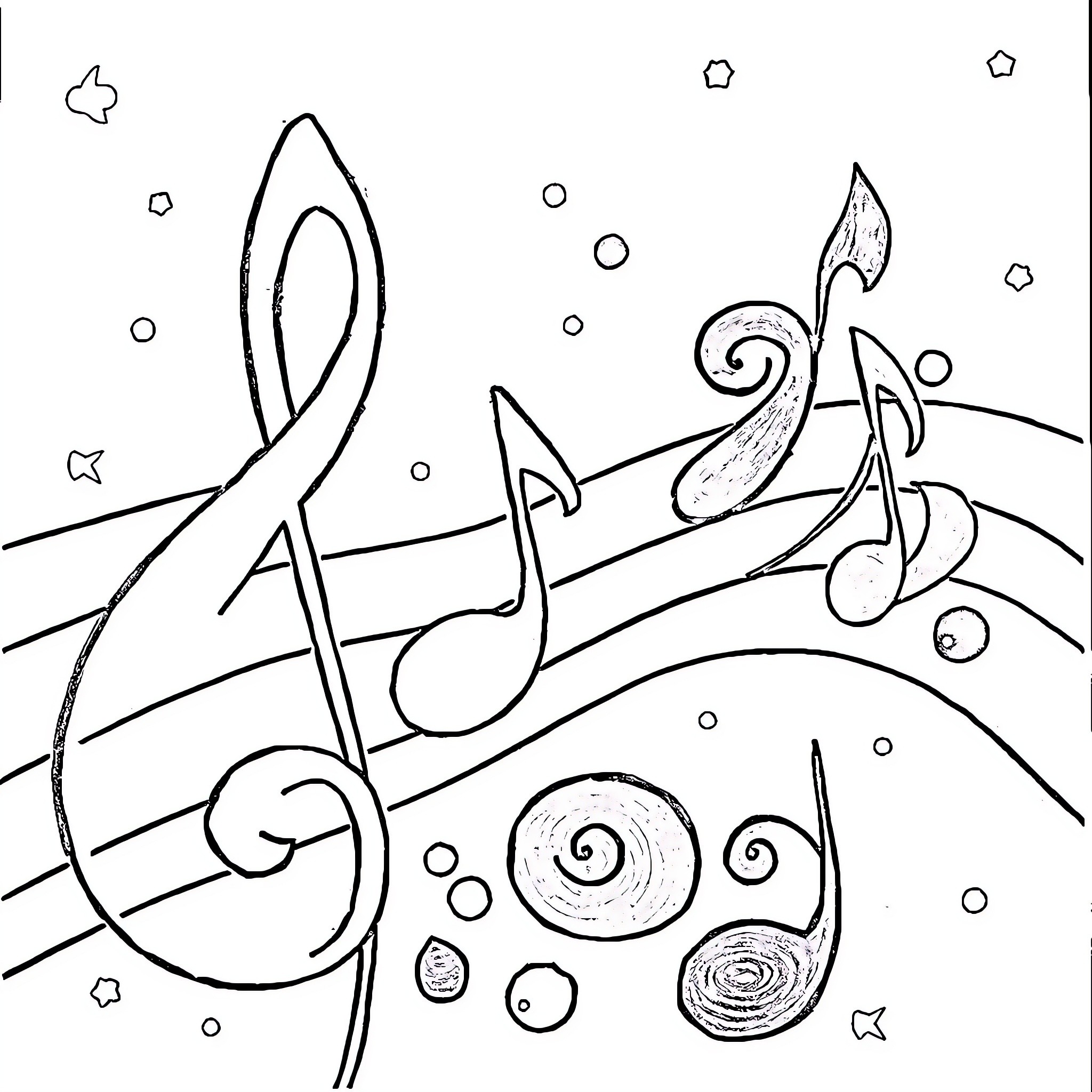 Melody of Musical Notes and Symbols Coloring Page (free black-and-white line drawing printable PDF for all, from beginners to advanced learners, including children, teens, adults, and seniors)