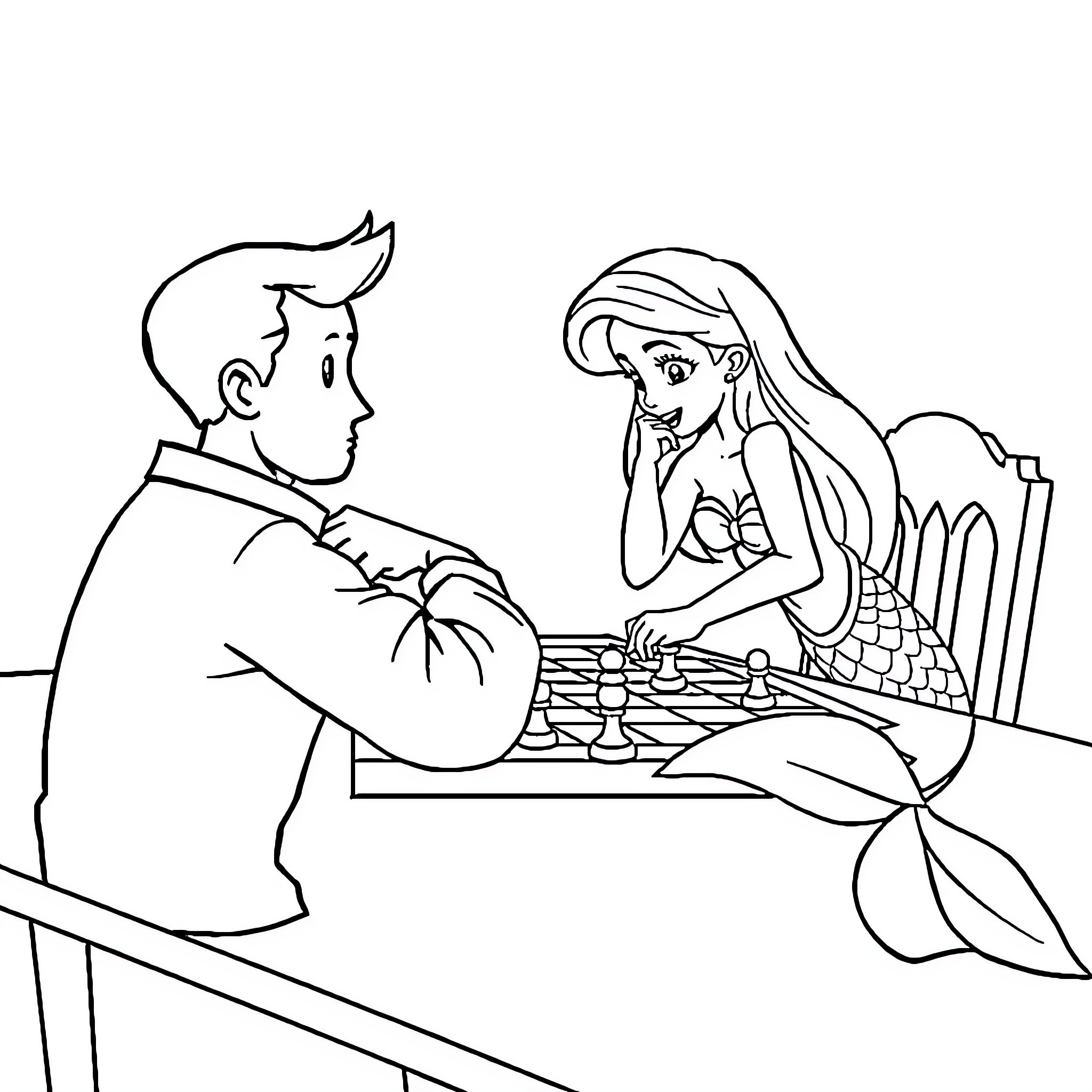 Ariel playing chess with a man Coloring Page (free black-and-white line drawing printable PDF for all, from beginners to advanced learners, including children, teens, adults, and seniors)