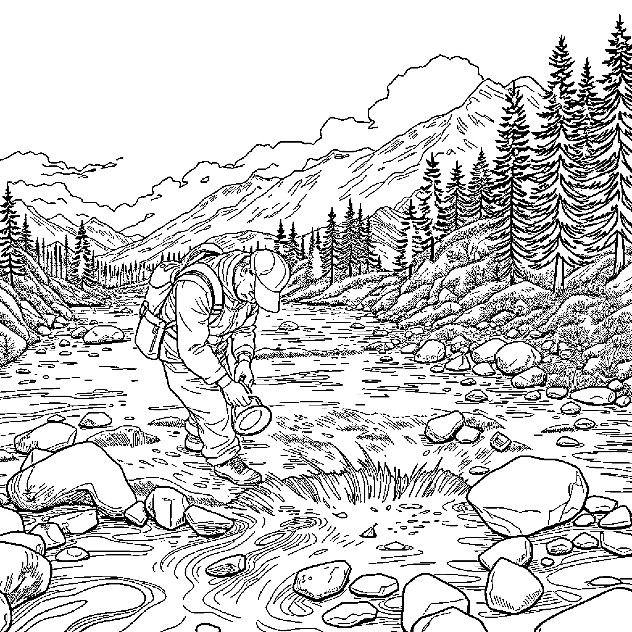 Geologist exploring rugged mountain terrain Coloring Page (free black-and-white line drawing printable PDF for all, from beginners to advanced learners, including children, teens, adults, and seniors)