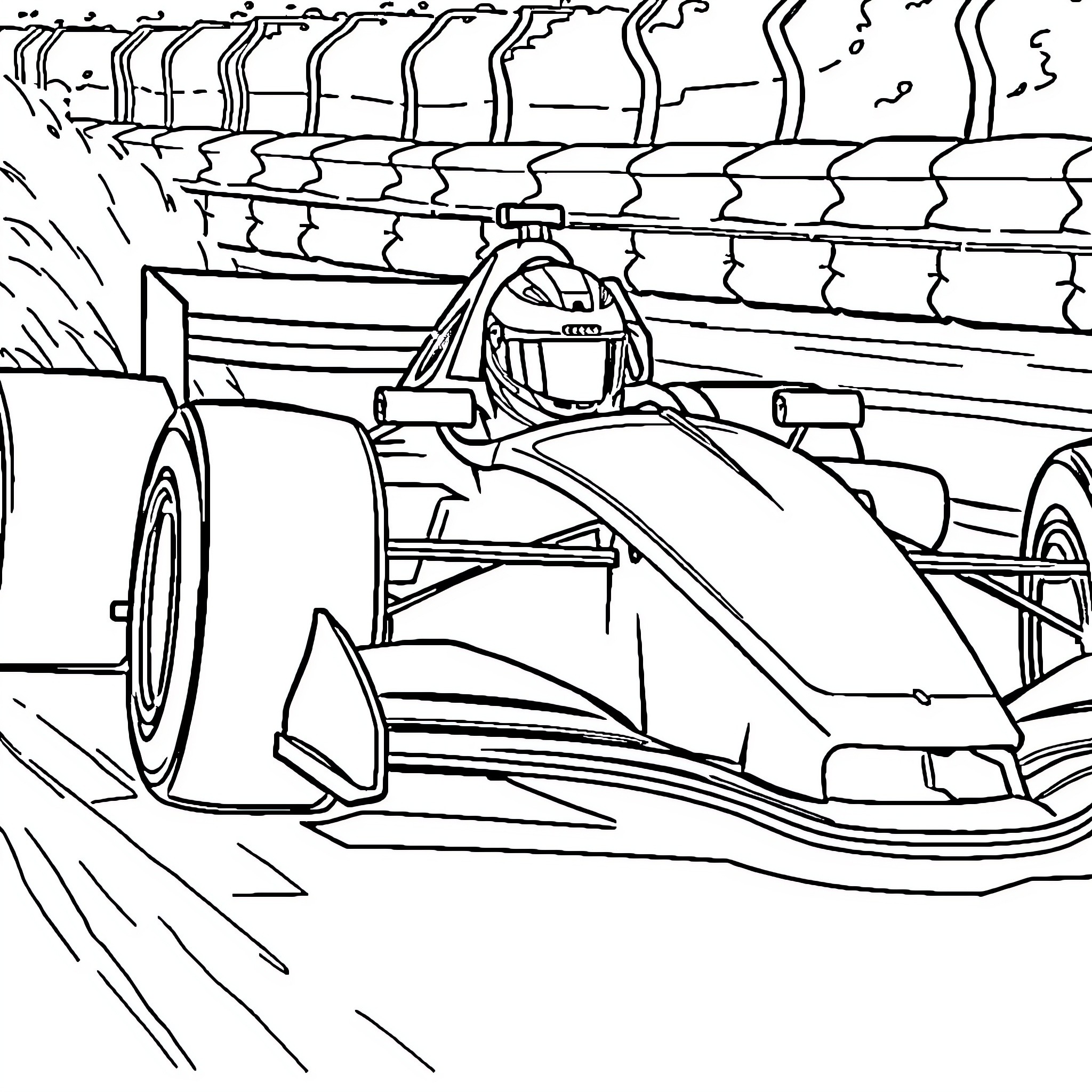 Formula 1 Car racing on the circuit Coloring Page (free black-and-white line drawing printable PDF for all, from beginners to advanced learners, including children, teens, adults, and seniors)