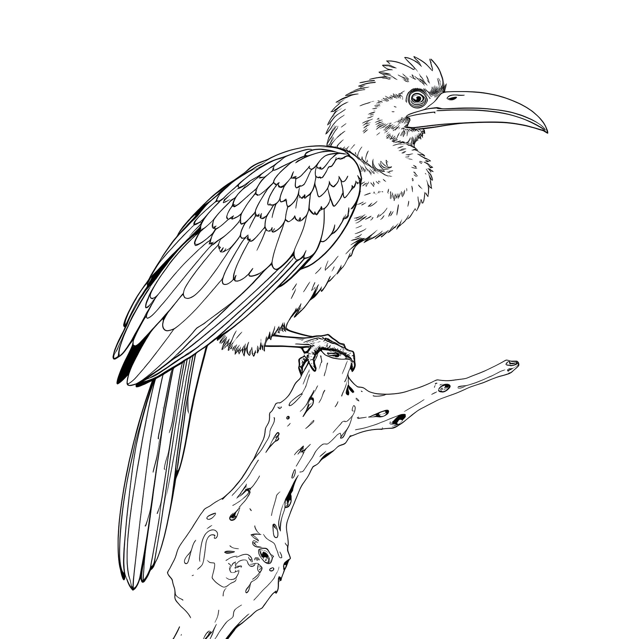 Aulacorhynchus Prasinus bird perched on tree branch Coloring Page (free black-and-white line drawing printable PDF for all, from beginners to advanced learners, including children, teens, adults, and seniors)