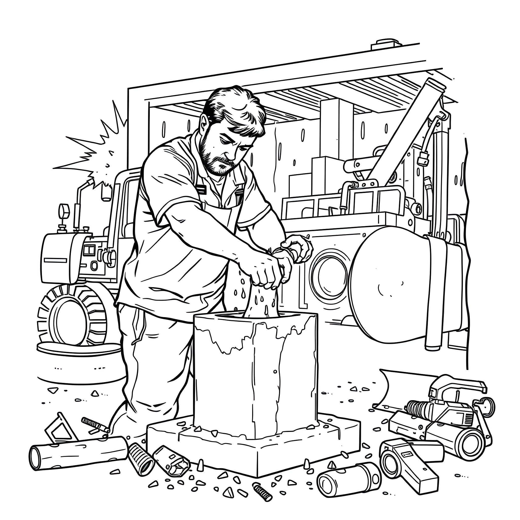 Man working diligently with tools in workshop Coloring Page (free black-and-white line drawing printable PDF for all, from beginners to advanced learners, including children, teens, adults, and seniors)