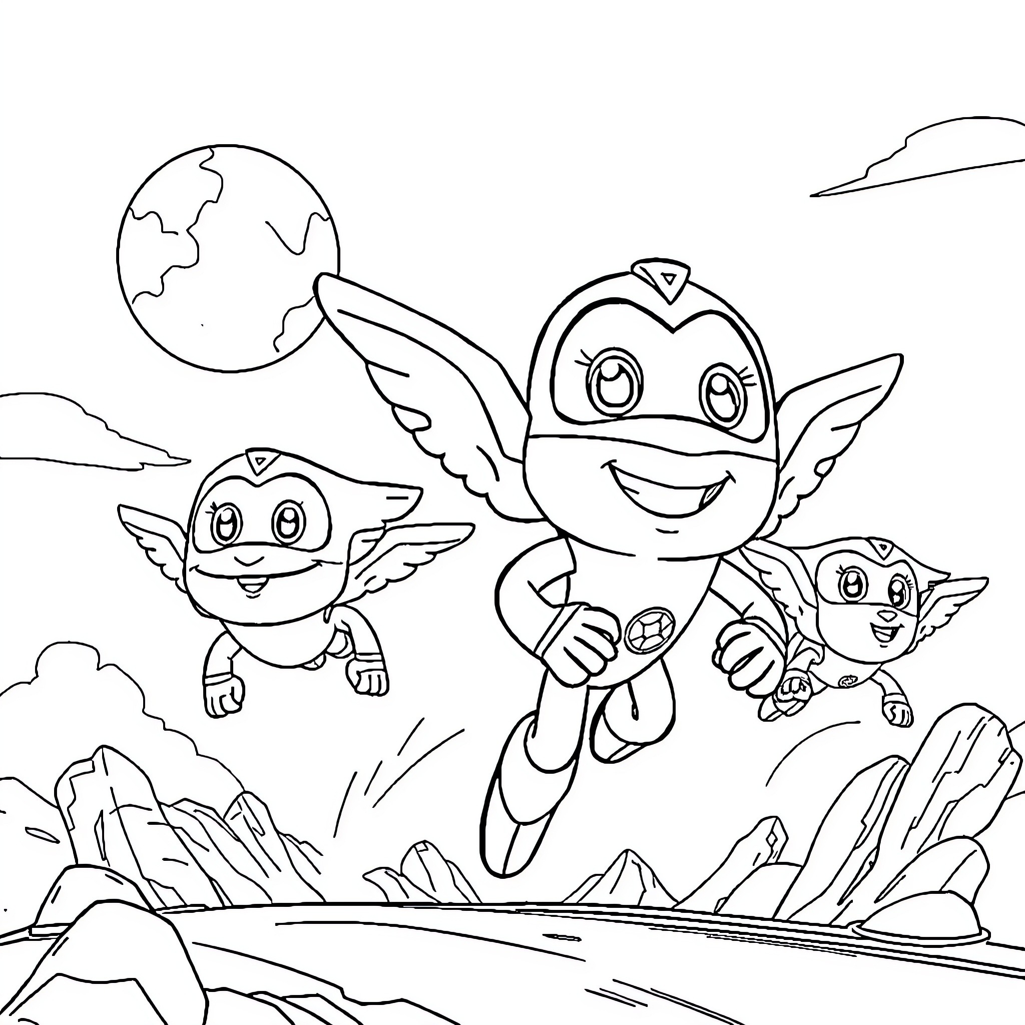 Paw Patrol characters flying in the sky Coloring Page (free black-and-white line drawing printable PDF for all, from beginners to advanced learners, including children, teens, adults, and seniors)
