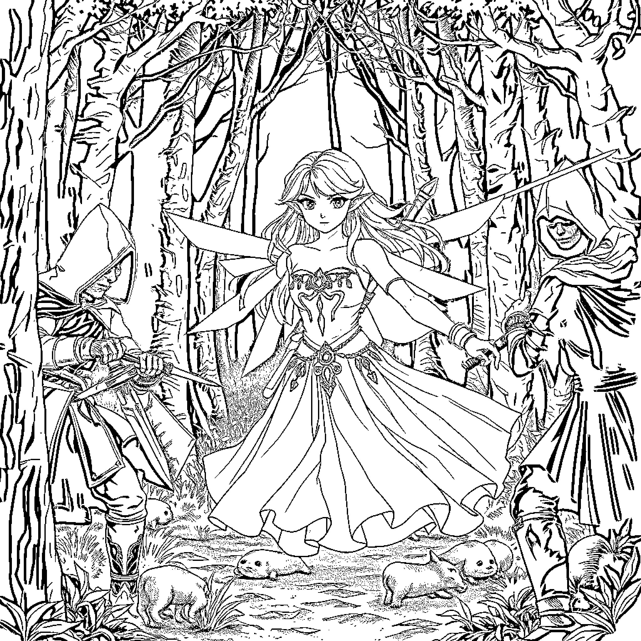 Zelda's Enchanted Forest Adventure Coloring Page (free black-and-white line drawing printable PDF for all, from beginners to advanced learners, including children, teens, adults, and seniors)