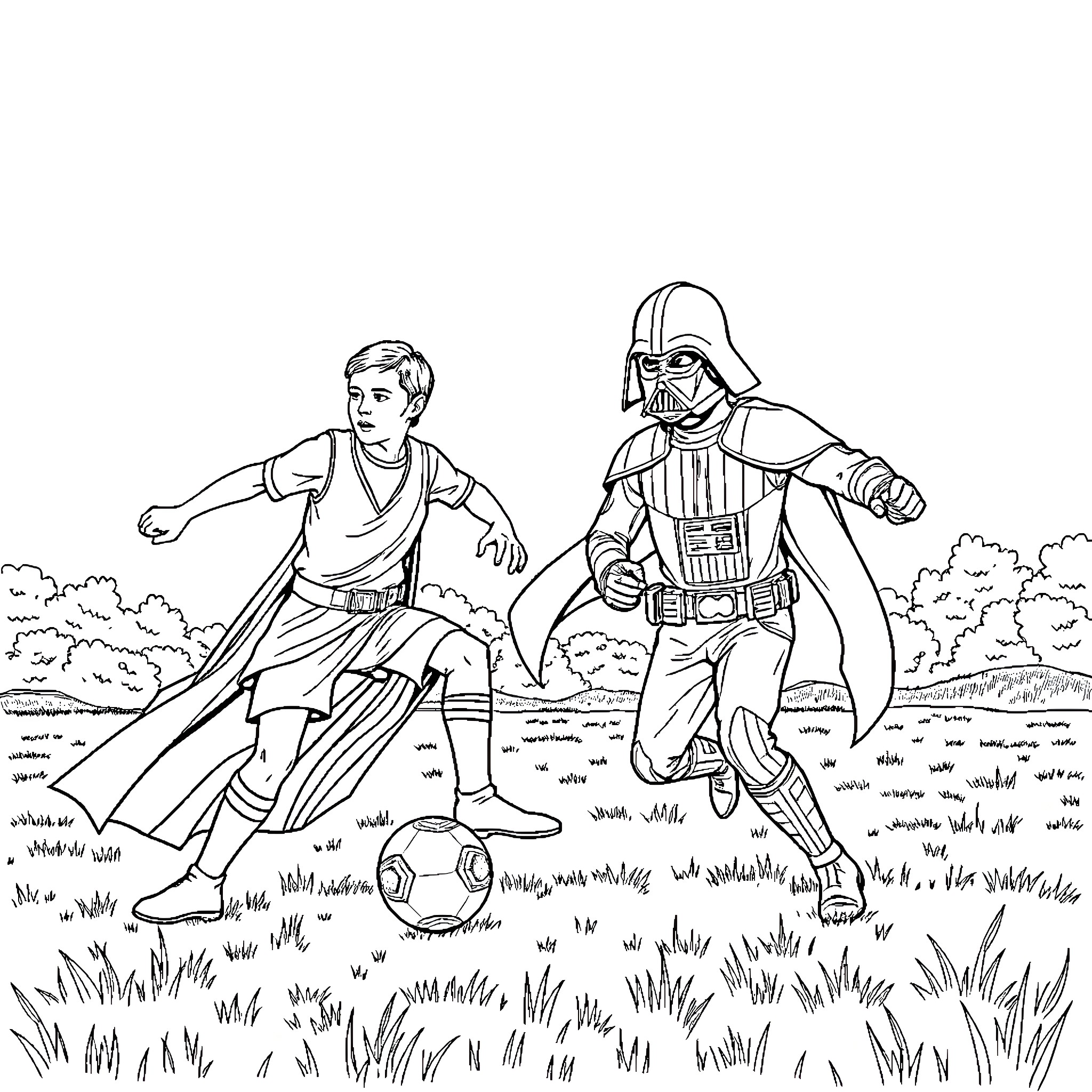 Star Wars Characters Engaged in Battle on Grassy Field Coloring Page (free black-and-white line drawing printable PDF for all, from beginners to advanced learners, including children, teens, adults, and seniors)