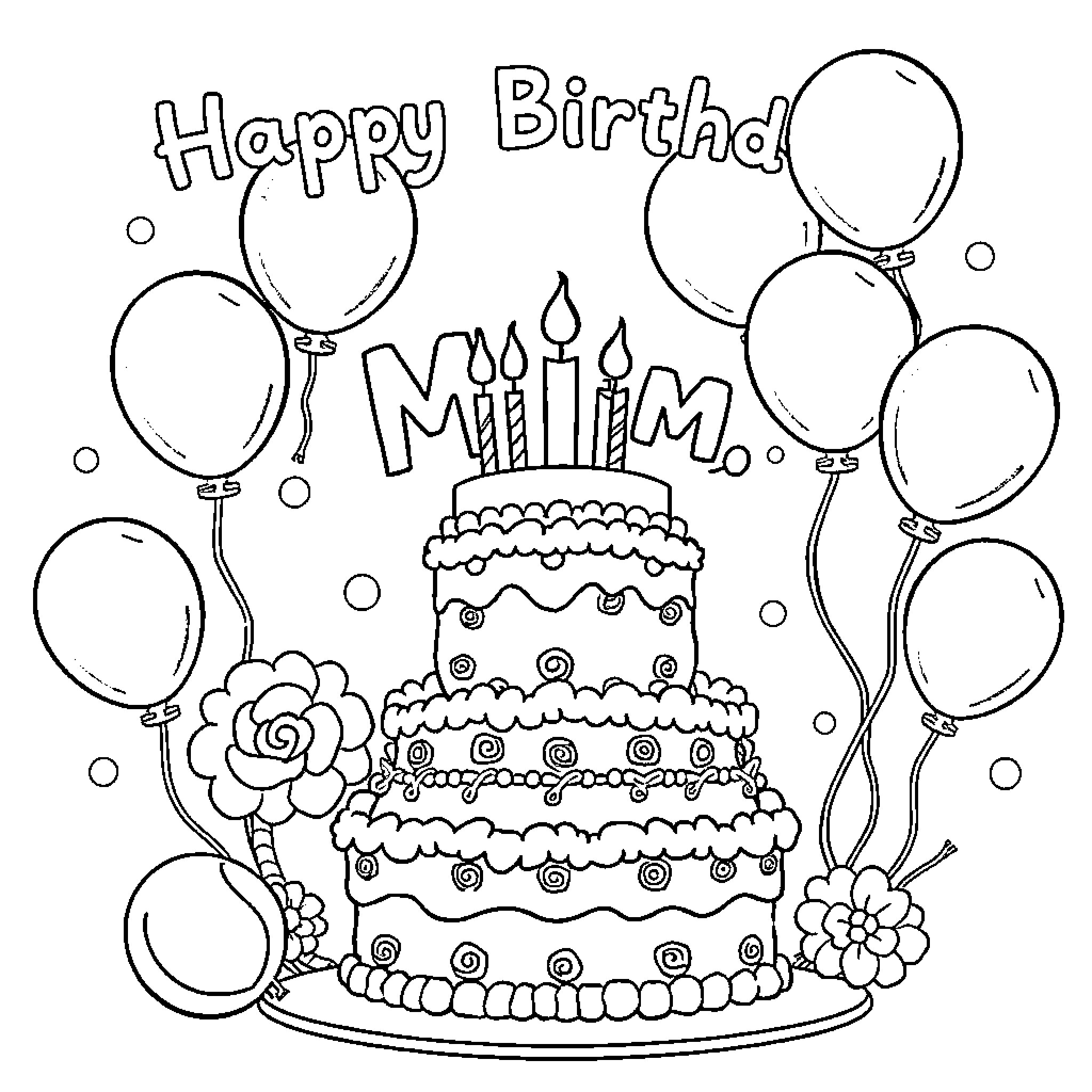 Birthday Celebration with Cake and Balloons Coloring Page (free black-and-white line drawing printable PDF for all, from beginners to advanced learners, including children, teens, adults, and seniors)
