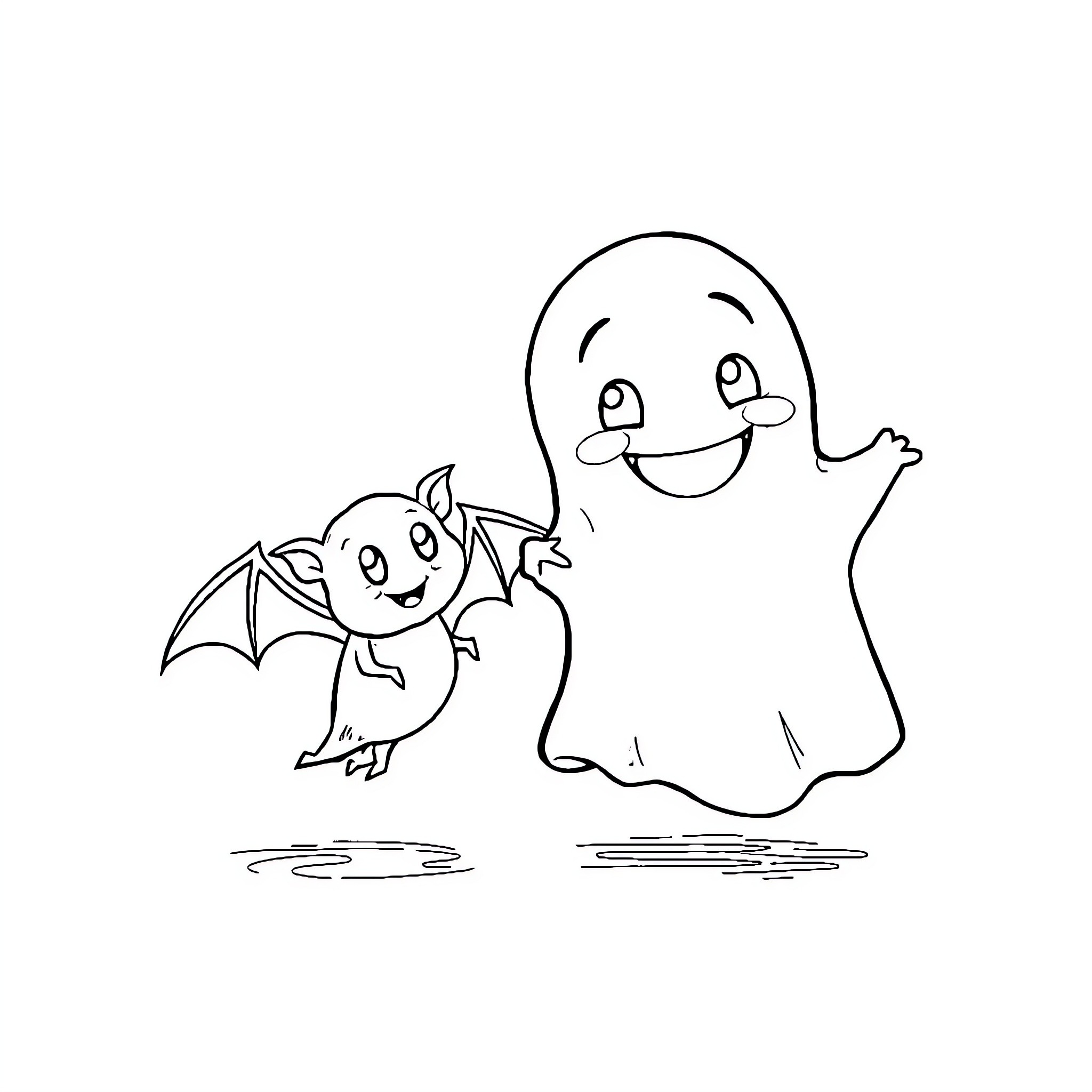 Ghost and Bat Playfully Interacting Coloring Page (free black-and-white line drawing printable PDF for all, from beginners to advanced learners, including children, teens, adults, and seniors)