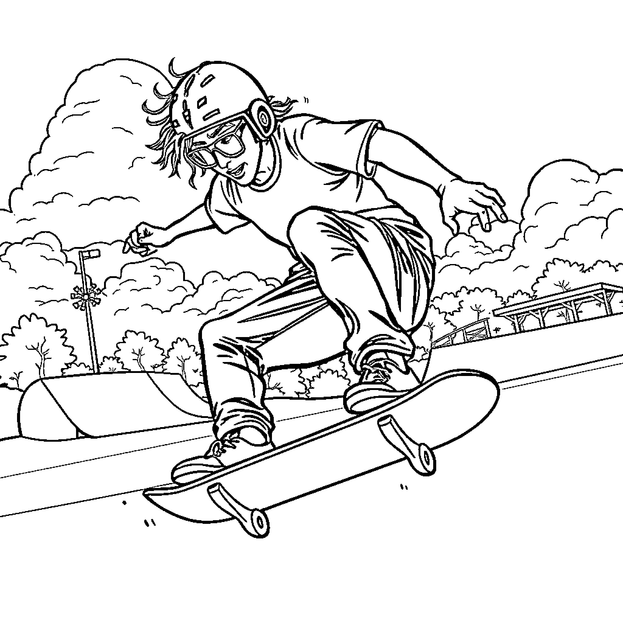 Skateboard stunt performance in the park Coloring Page (free black-and-white line drawing printable PDF for all, from beginners to advanced learners, including children, teens, adults, and seniors)