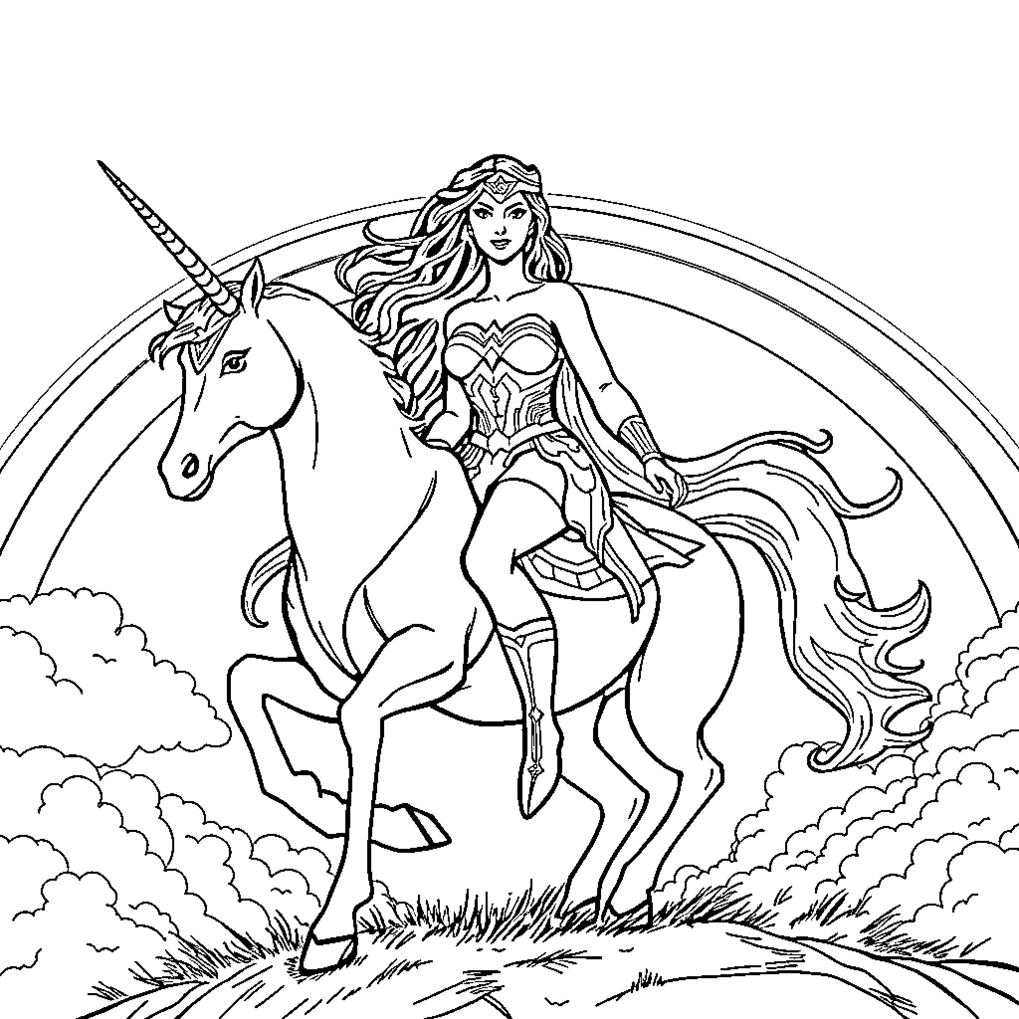 Wonderwoman riding a unicorn in the clouds Coloring Page (free black-and-white line drawing printable PDF for all, from beginners to advanced learners, including children, teens, adults, and seniors)