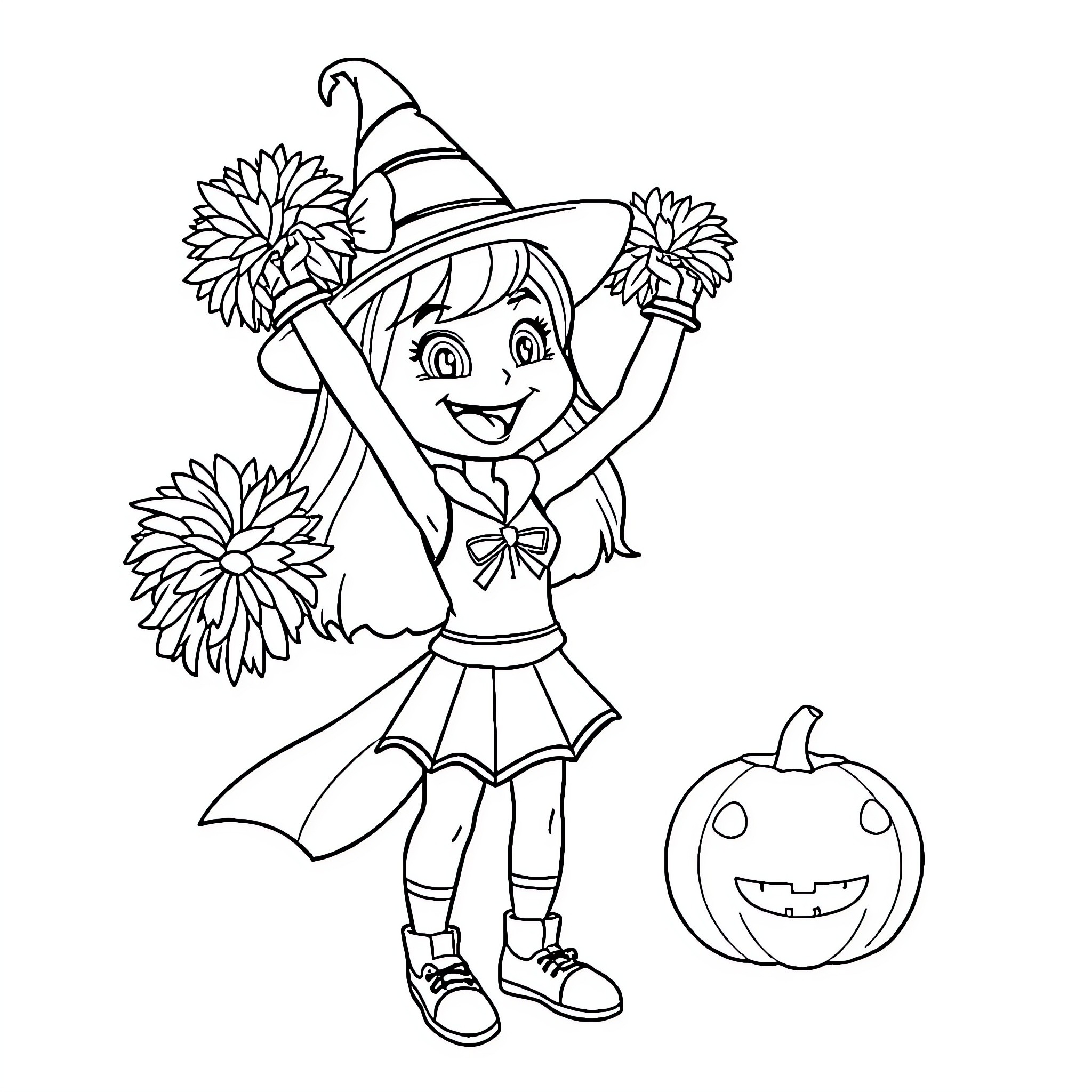 Cheerleader performing with pom-poms and Halloween pumpkin Coloring Page (free black-and-white line drawing printable PDF for all, from beginners to advanced learners, including children, teens, adults, and seniors)