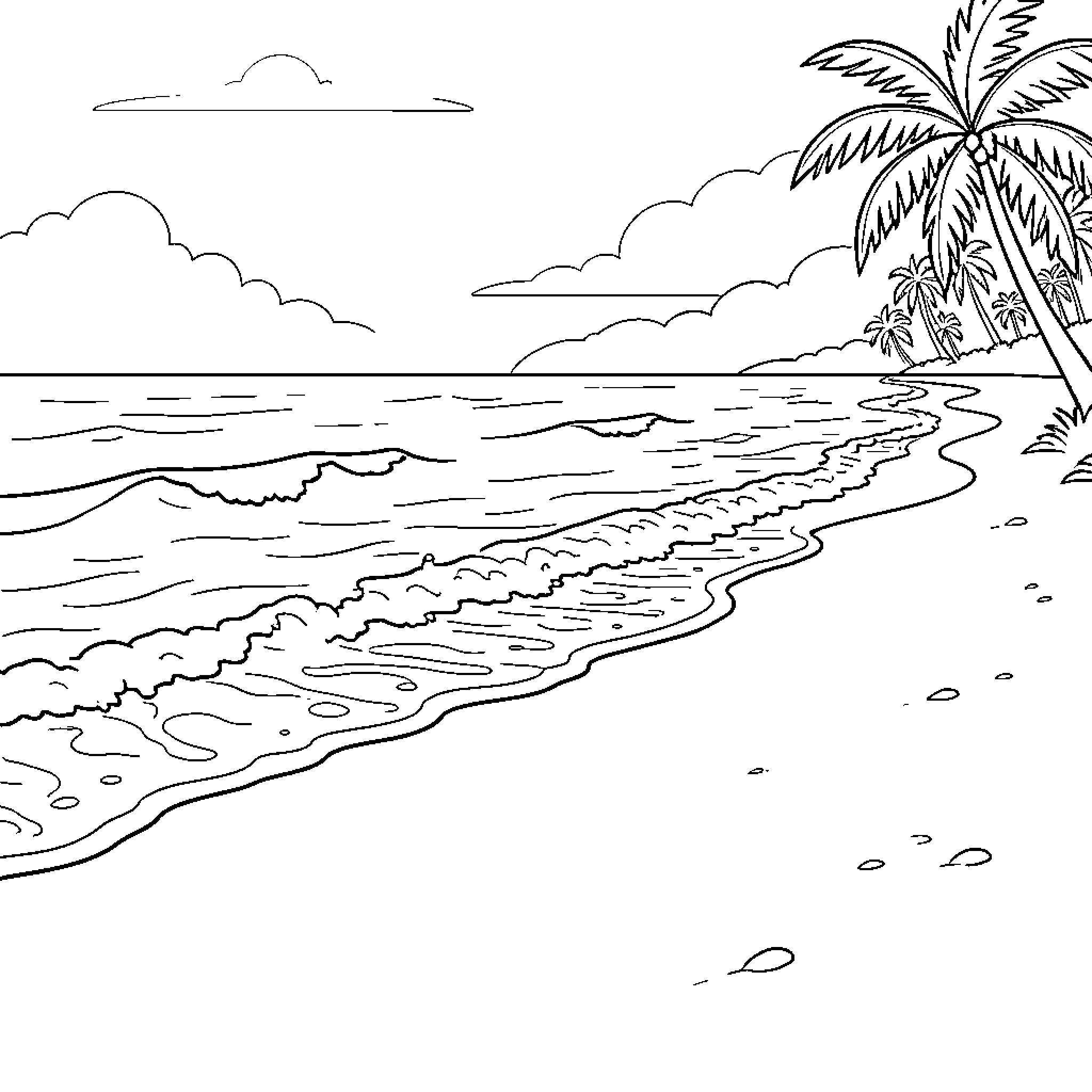 Beach waves washing onto the sandy shore Coloring Page (free black-and-white line drawing printable PDF for all, from beginners to advanced learners, including children, teens, adults, and seniors)